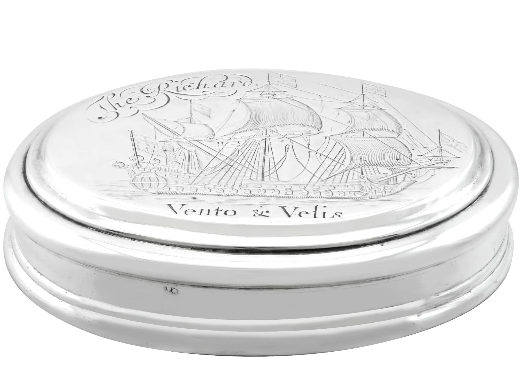 English Queen Anne Britannia 'Vento and Vellis' 'Wind and Speed' Silver Tobacco Box For Sale