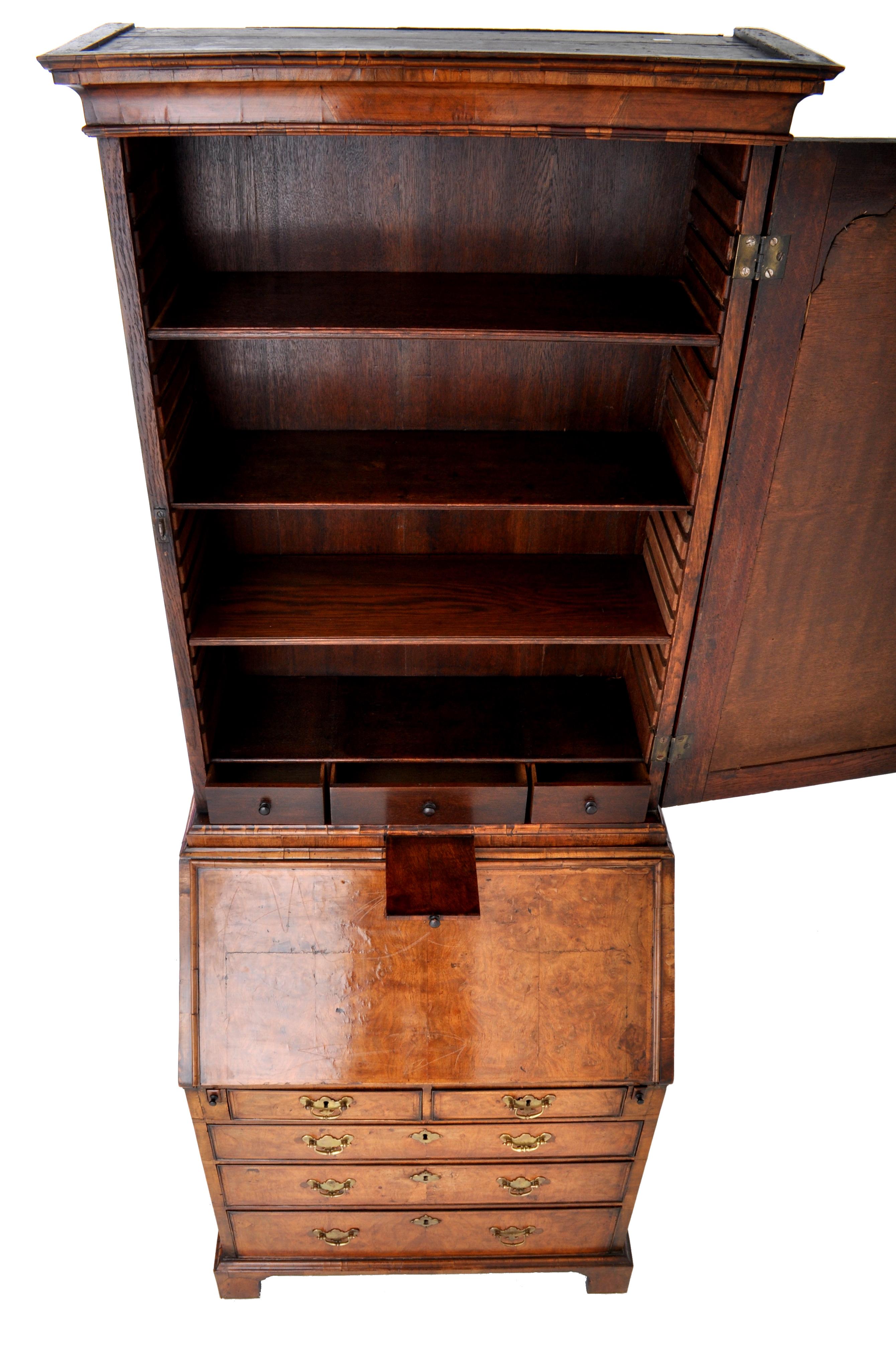 English Antique Queen Anne Burl Walnut Bookcase / Bureau / Secretary Desk, circa 1710