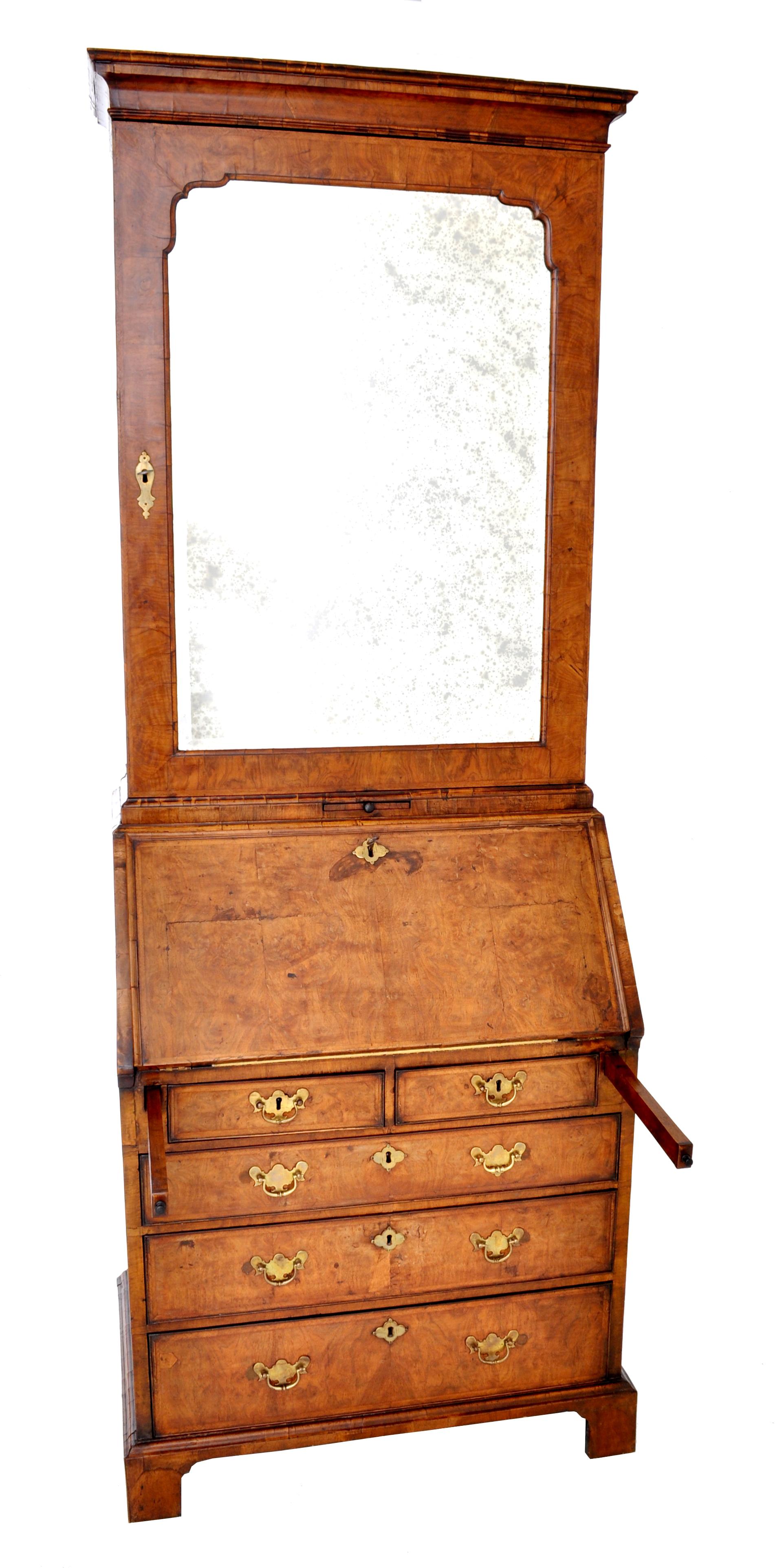 Antique Queen Anne Burl Walnut Bookcase / Bureau / Secretary Desk, circa 1710 In Good Condition In Portland, OR