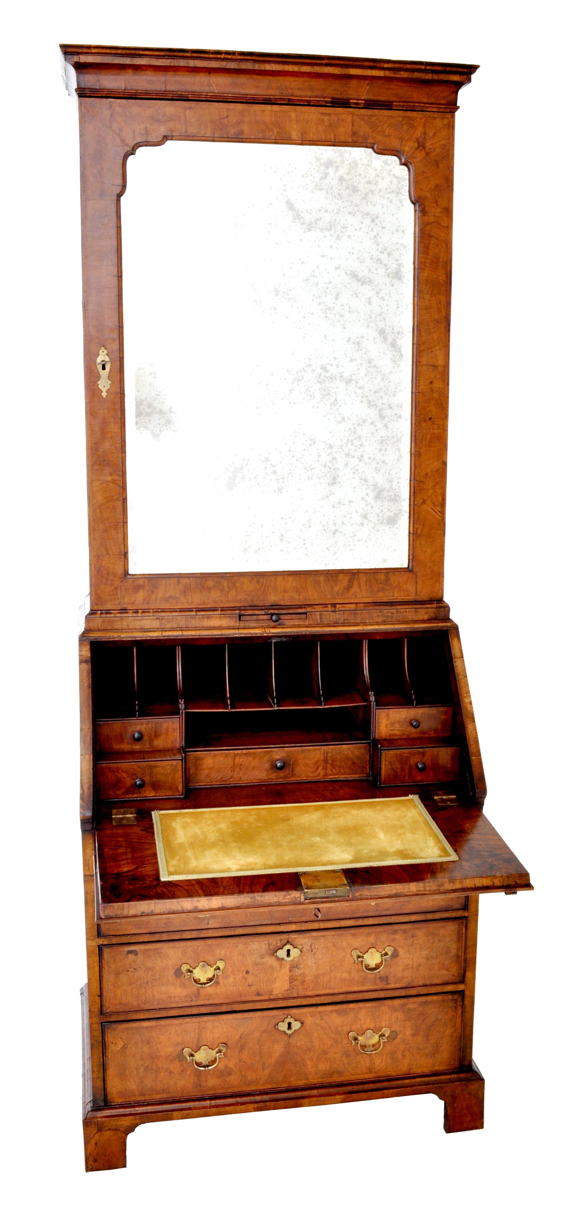 18th Century Antique Queen Anne Burl Walnut Bookcase / Bureau / Secretary Desk, circa 1710