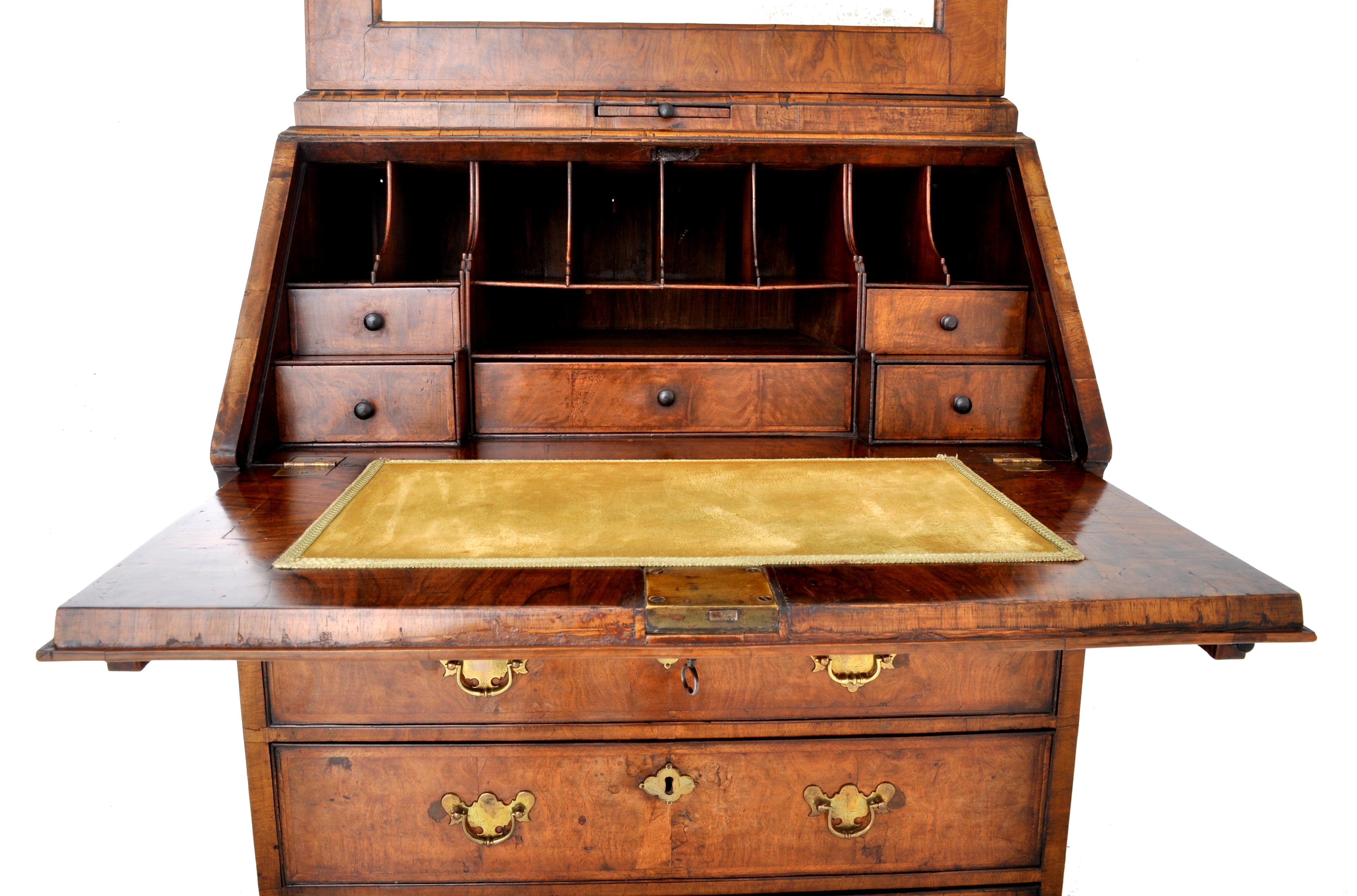 Antique Queen Anne Burl Walnut Bookcase / Bureau / Secretary Desk, circa 1710 1