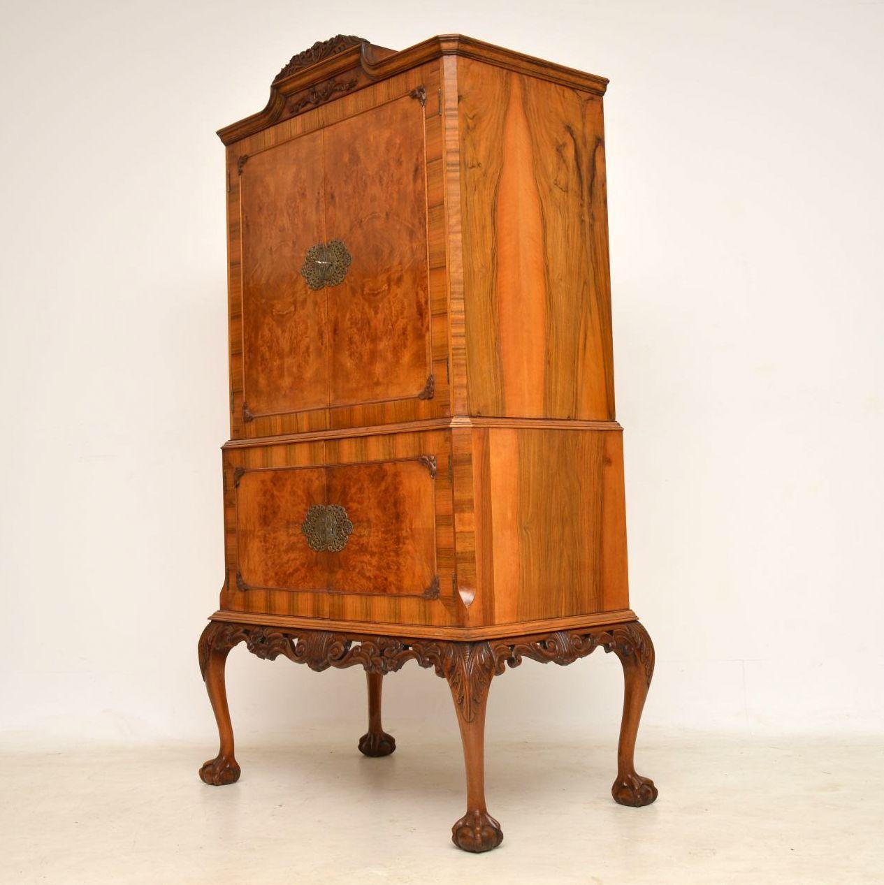 English Antique Queen Anne Burr Walnut Cocktail Cabinet