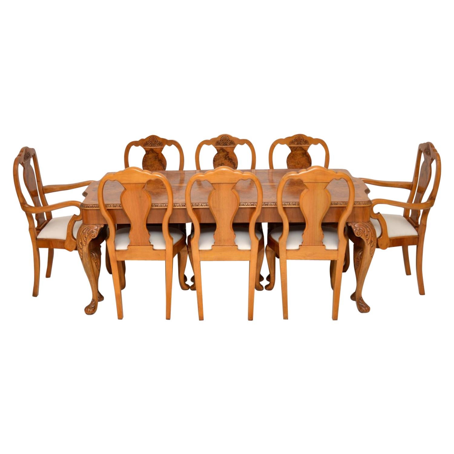 Antique Queen Anne Burr Walnut Dining Table and 8 Chairs