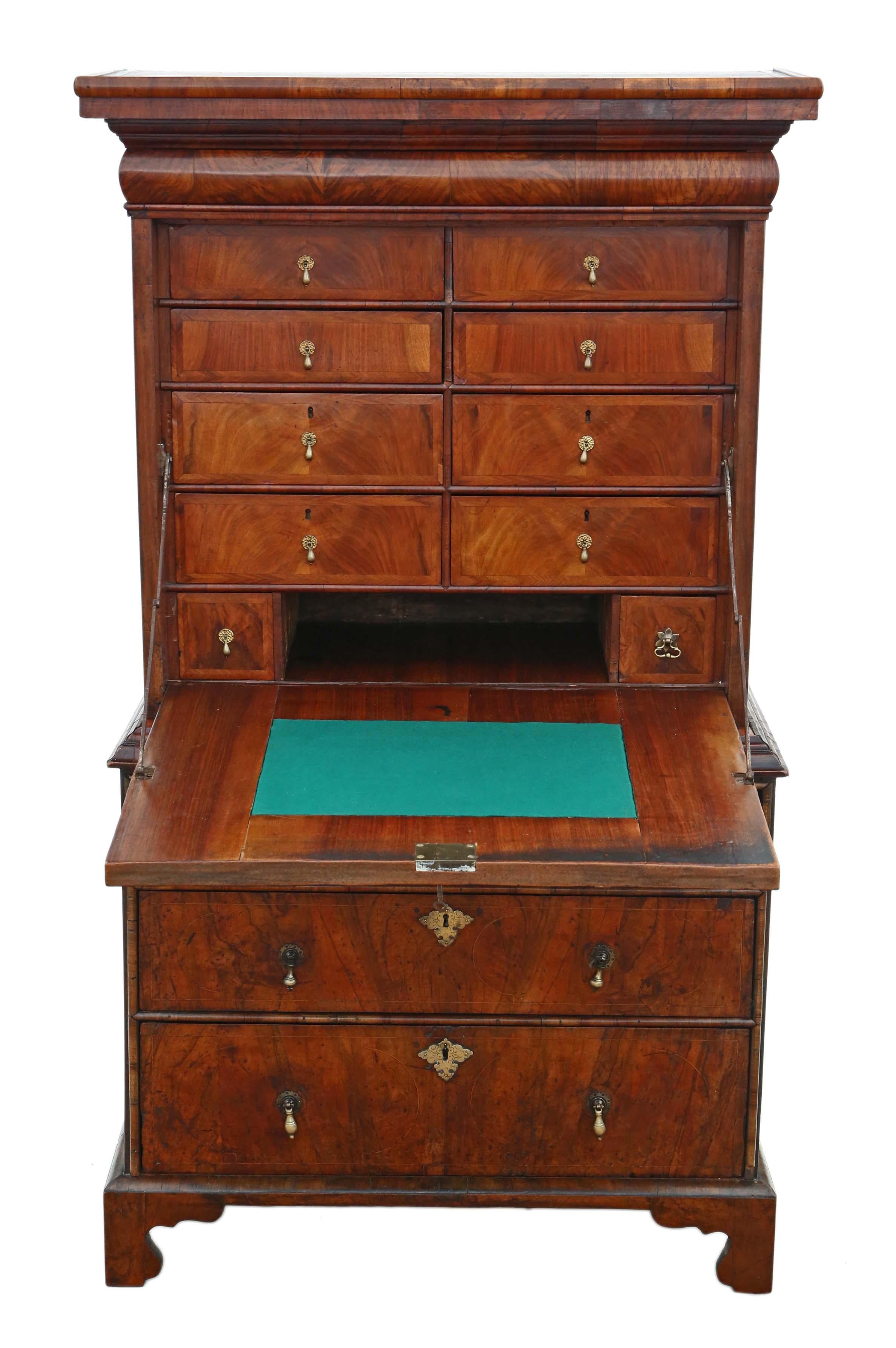 Antique fine quality Queen Anne early 18th Century inlaid burr walnut escritoire, desk or chest. A wonderfully honest quality period piece.

Solid and strong, with no loose joints. Full of age, character and charm. Key to fall front only.