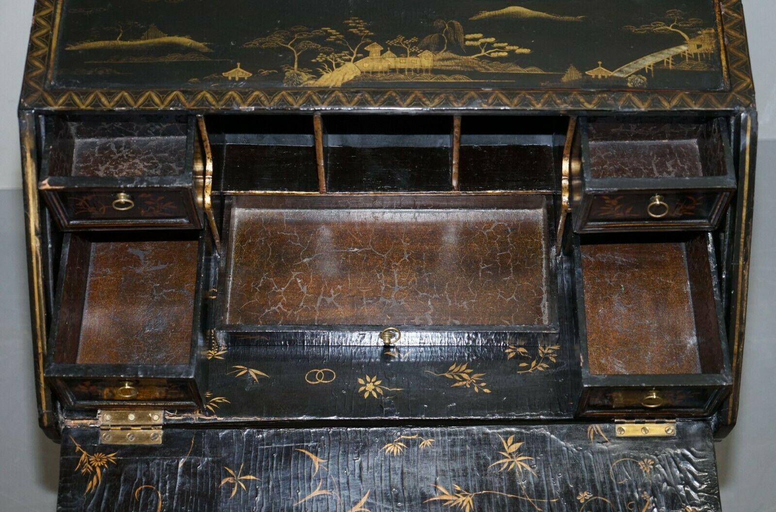 Antique Queen Anne English Japanned Lacquer Writing Bureau Desk Claw & Ball Feet 4