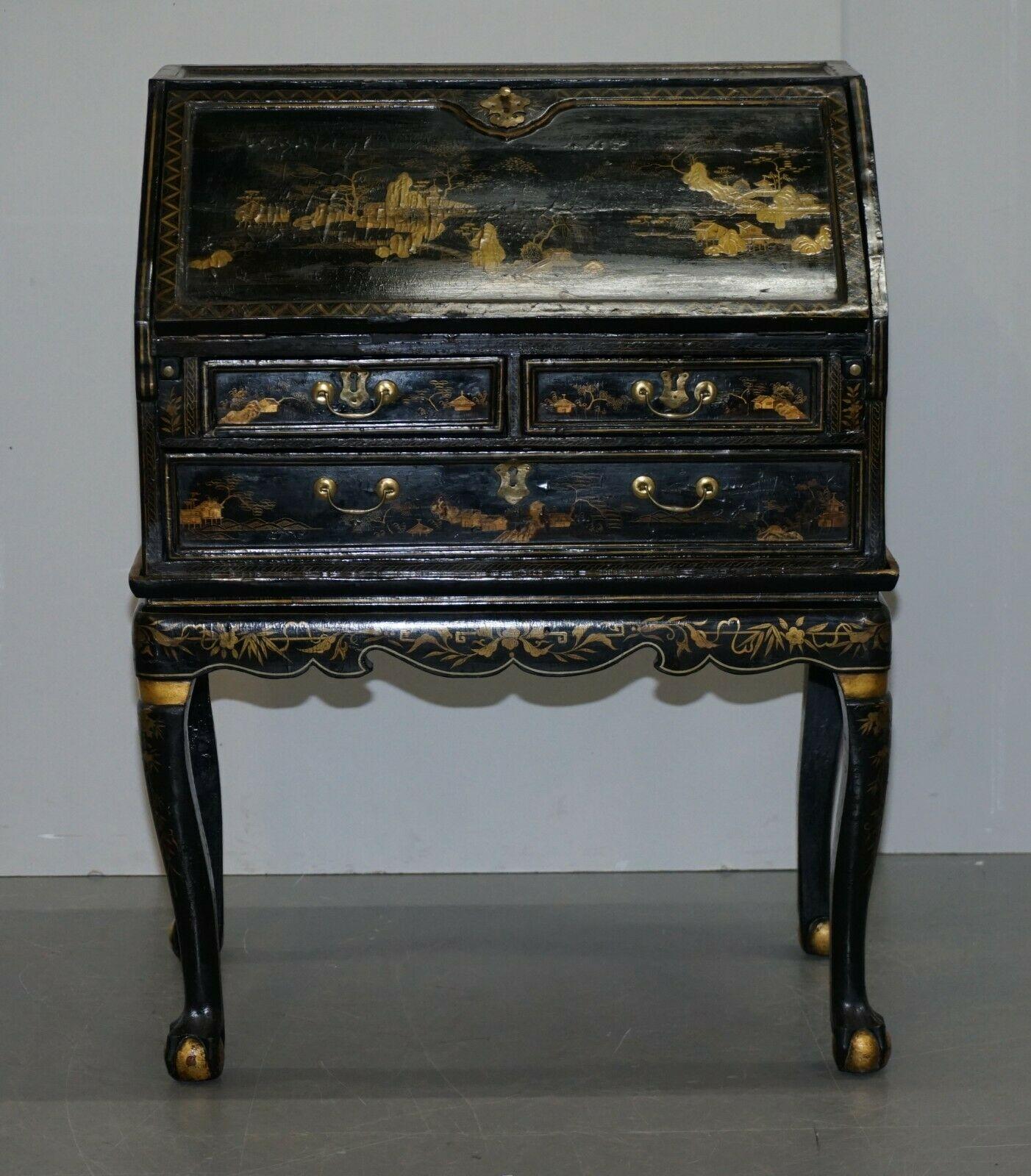 We are delighted to offer for sale this sublime Queen Anne English made Japanned writing bureau with elegant claw and ball legs

A very good looking well made and decorative piece, the craftsmanship is absolutely sublime throughout, this is a late