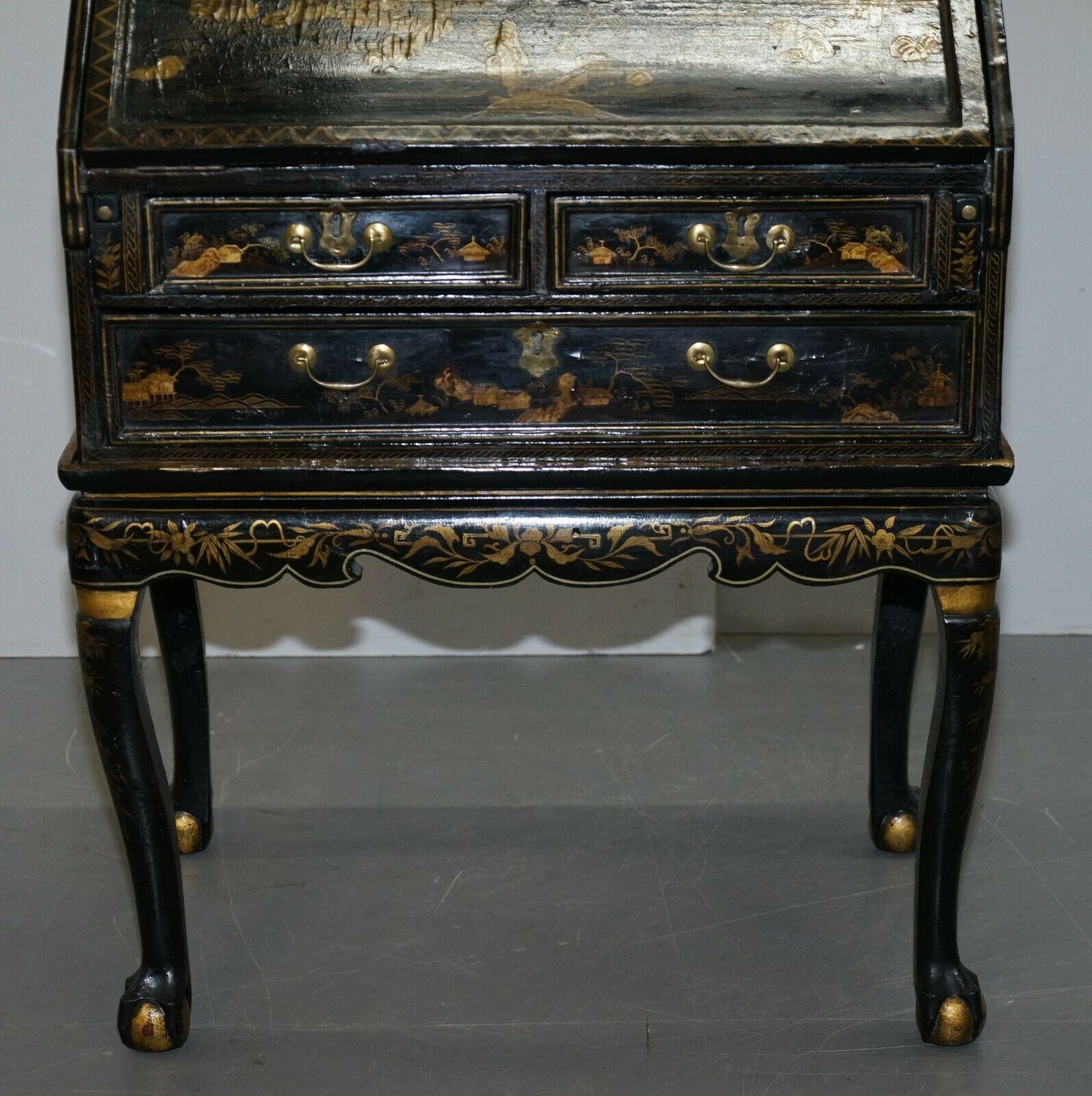 Lacquered Antique Queen Anne English Japanned Lacquer Writing Bureau Desk Claw & Ball Feet