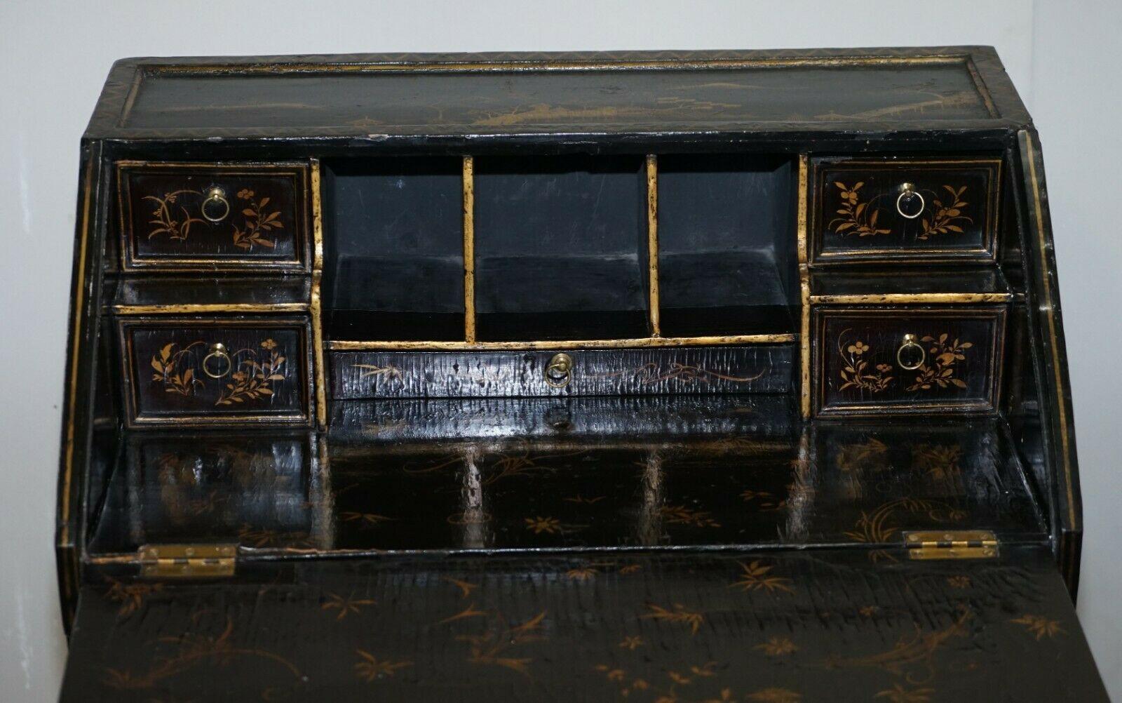 Antique Queen Anne English Japanned Lacquer Writing Bureau Desk Claw & Ball Feet 3