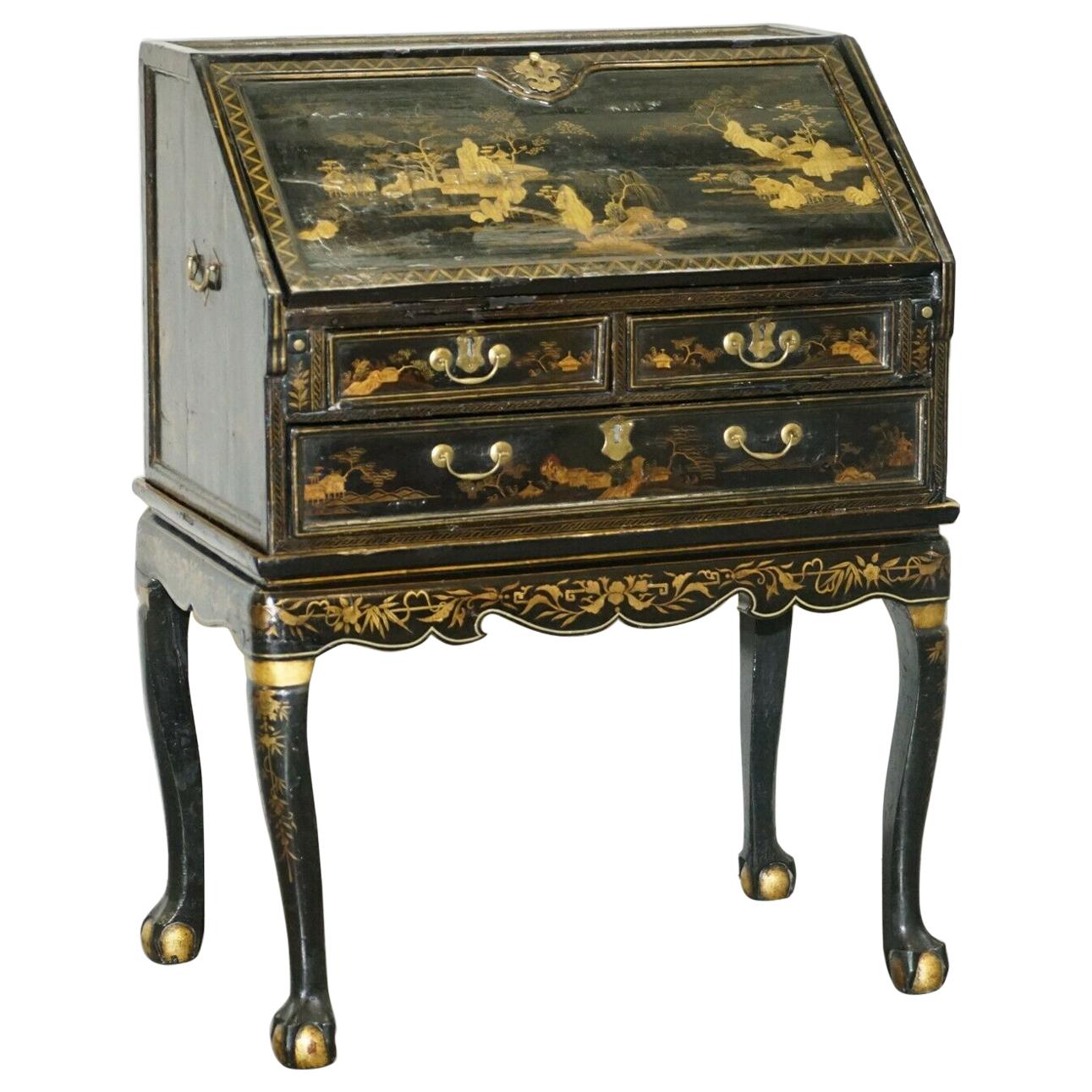 Antique Queen Anne English Japanned Lacquer Writing Bureau Desk Claw