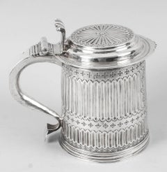 Antique Queen Anne English Silver Lidded Tankard "LE" 1703
