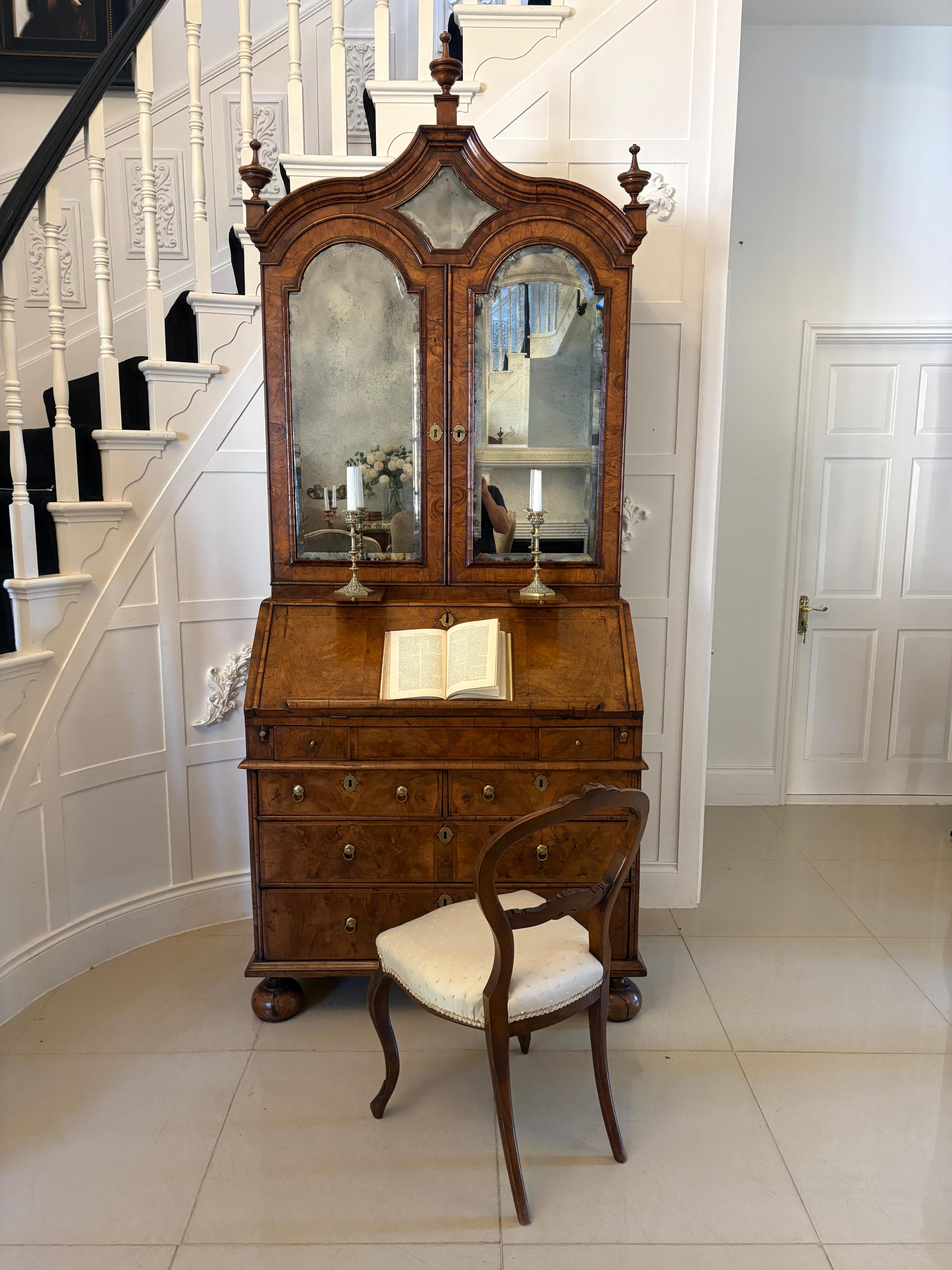 18th Century Antique Queen Anne Fantastic Quality Burr Walnut & Featherbanded Bureau Bookcase For Sale