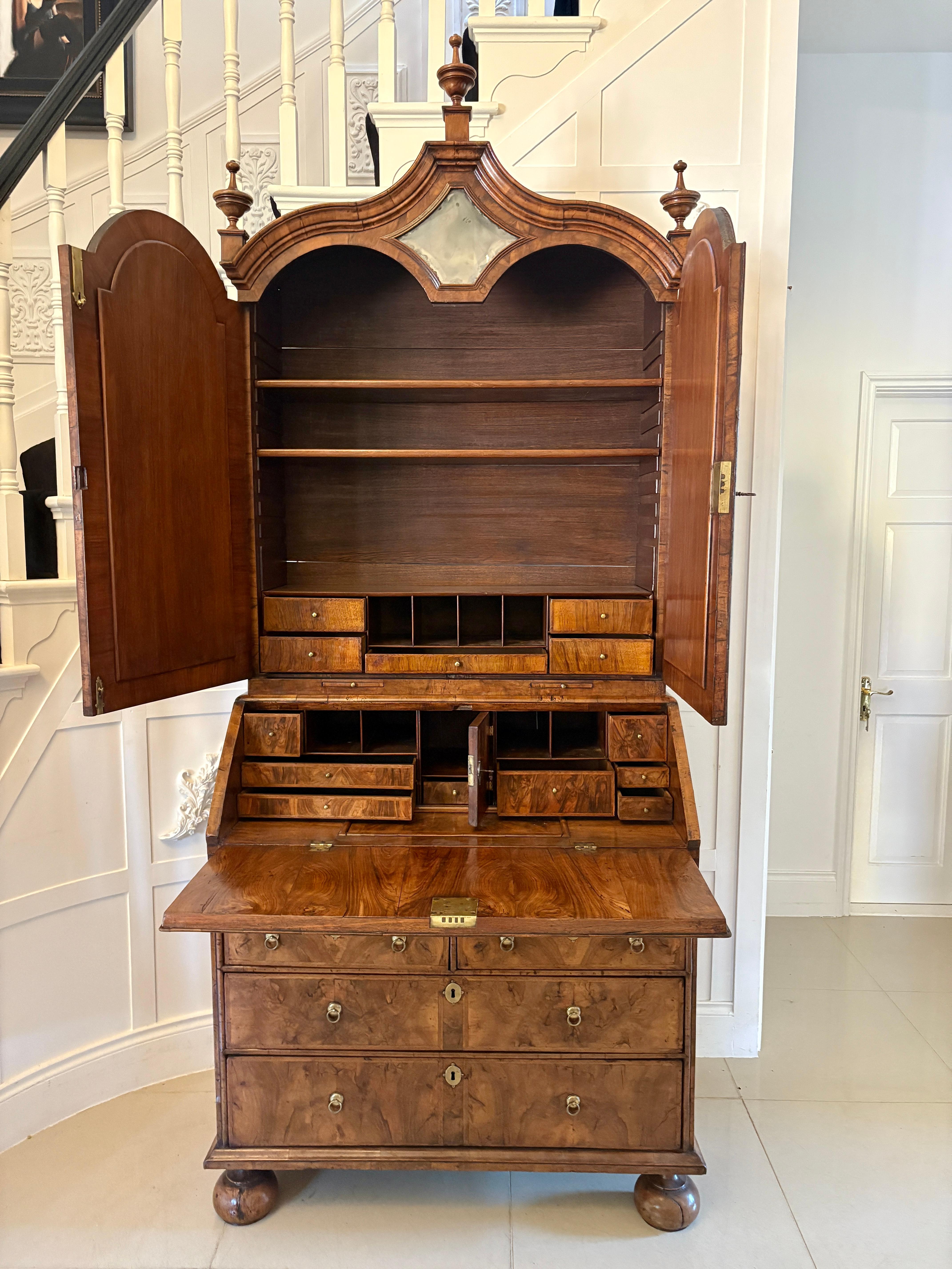 Antique Queen Anne Fantastic Quality Burr Walnut & Featherbanded Bureau Bookcase For Sale 2