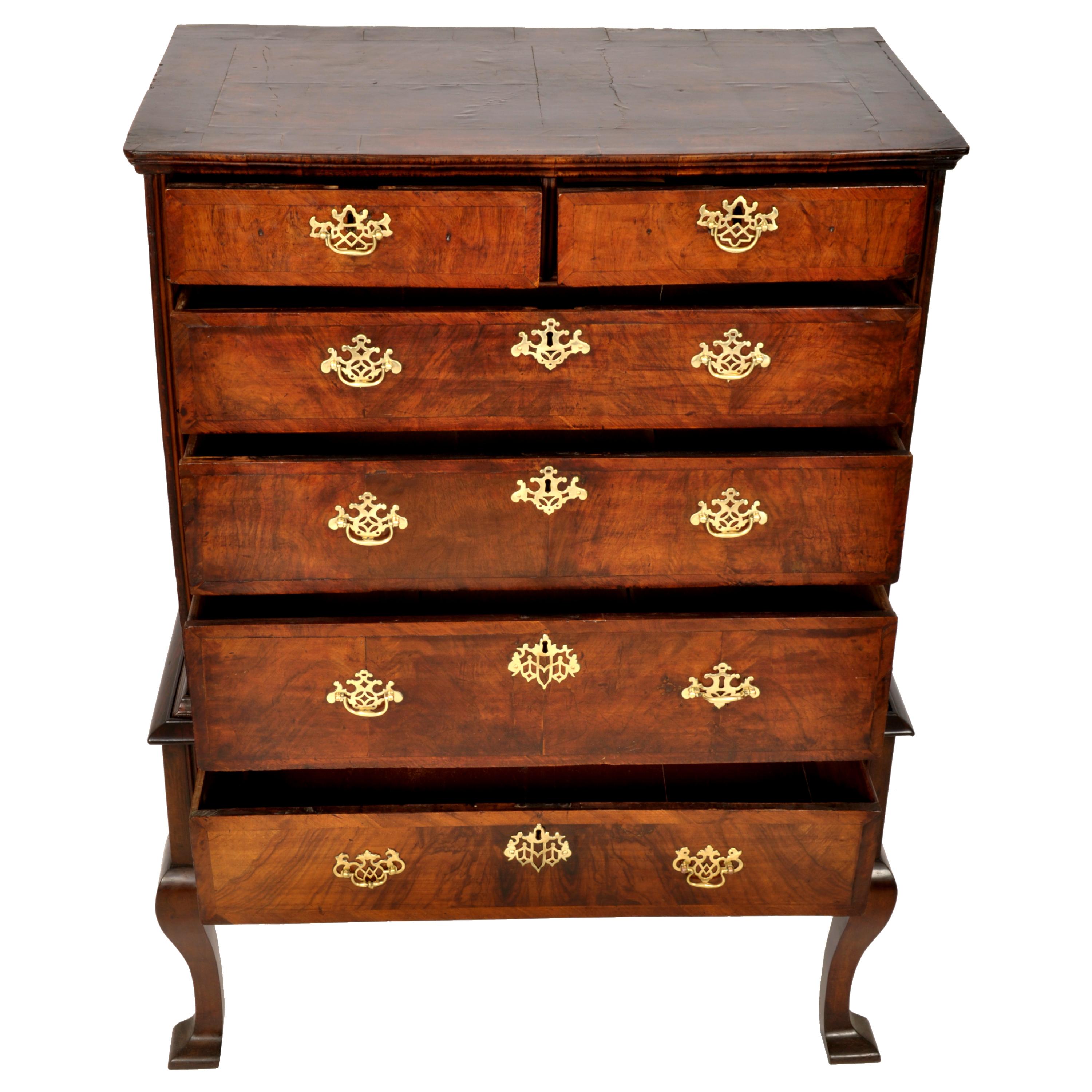 Cross-Banded Antique Queen Anne George II Georgian Walnut Chest on Stand Highboy, Circa 1740 For Sale