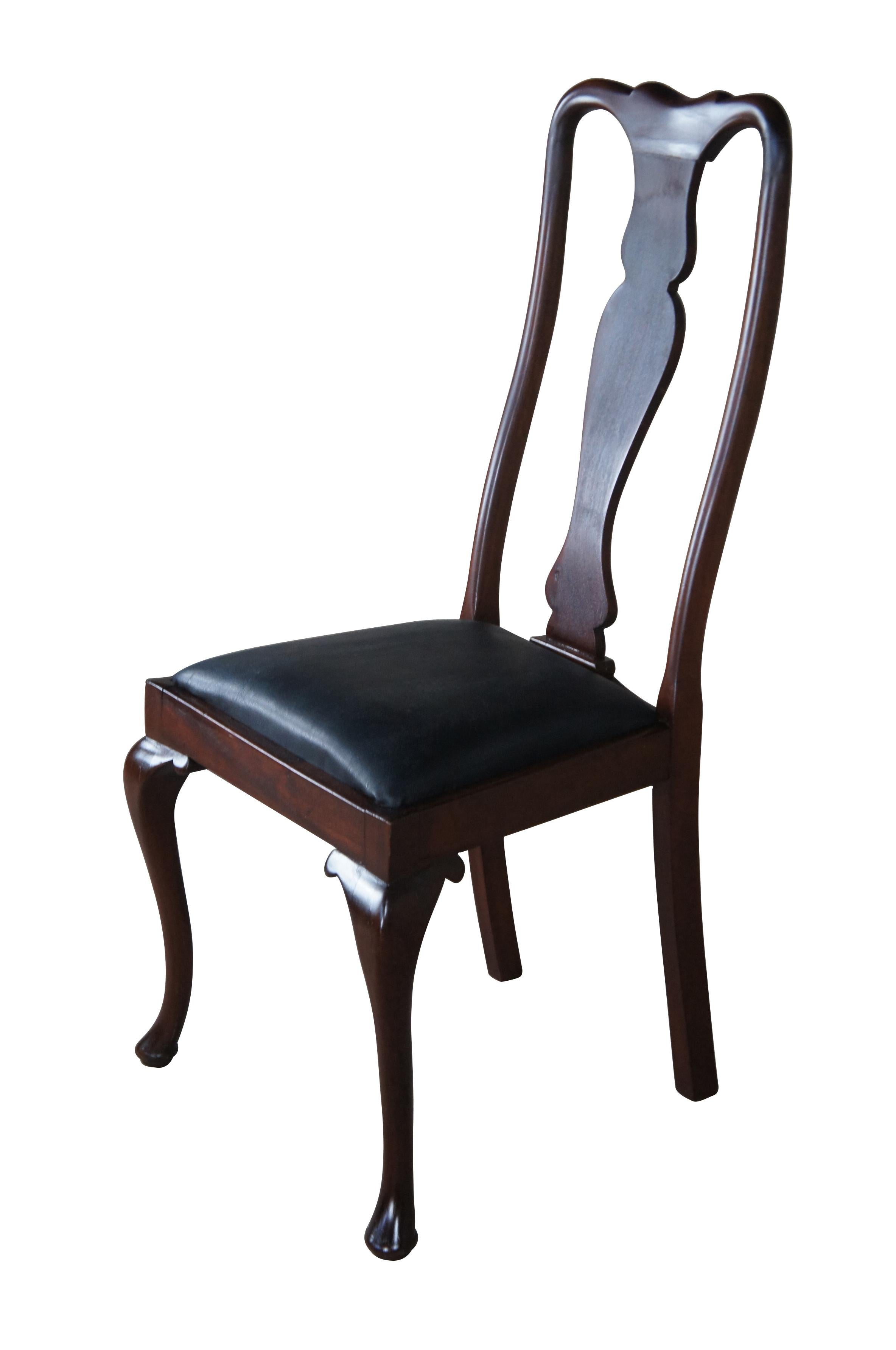Antique Queen Anne side chair.  Made of mahogany featuring high vase shaped splat back with curved crest and black leather deer hide seat.

Dimensions:
24