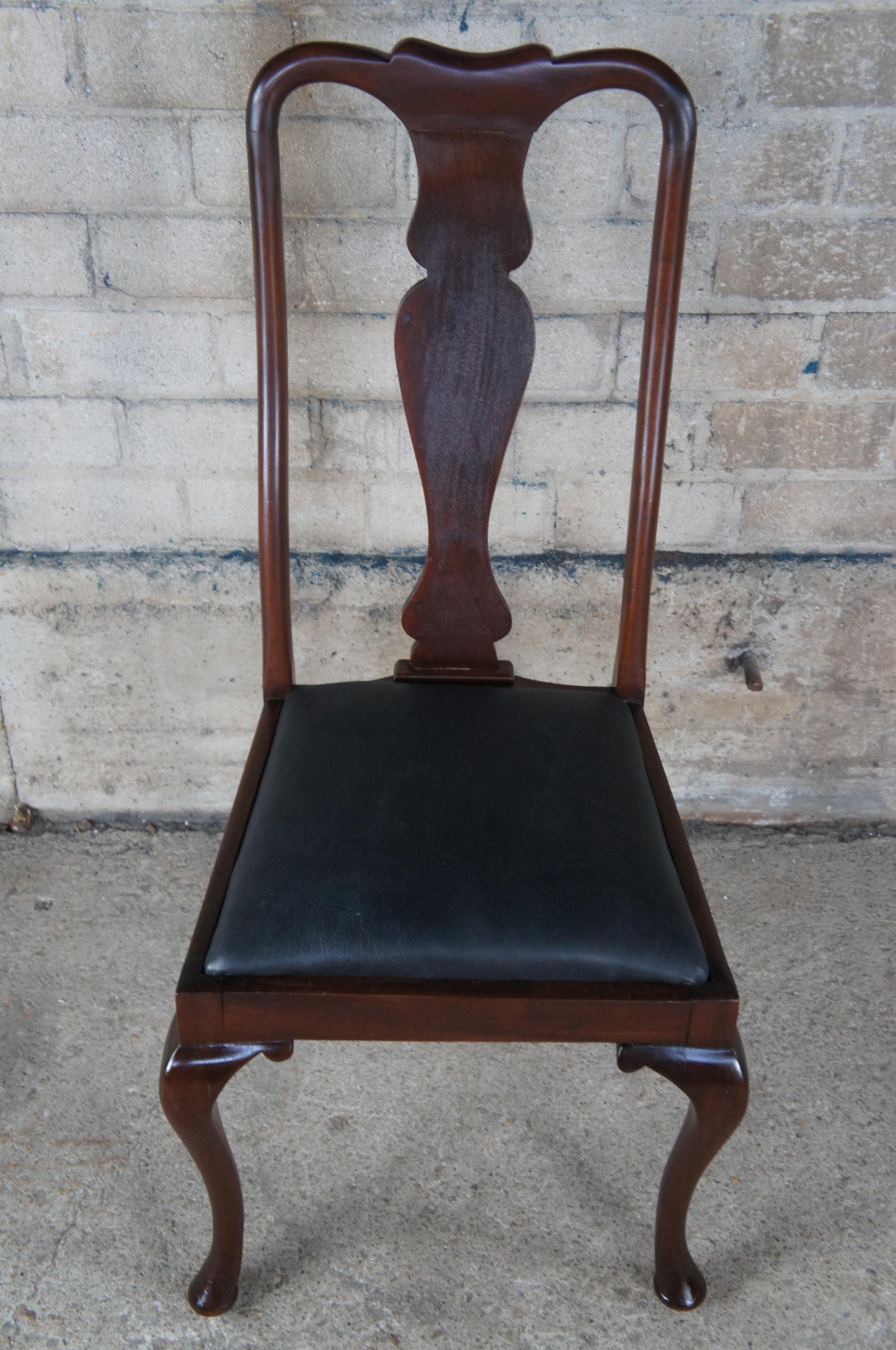 20th Century Antique Queen Anne Mahogany Black Deerskin Leather High Back Dining Desk Chair  For Sale