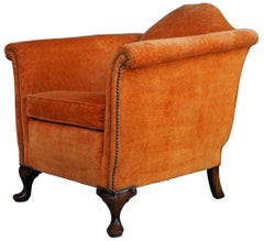 Antique Queen Anne Mahogany Gentlemans Club Library Arm Chair Orange Nailhead