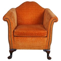 Antique Queen Anne Mahogany Gentlemans Club Library Arm Chair Orange Nailhead