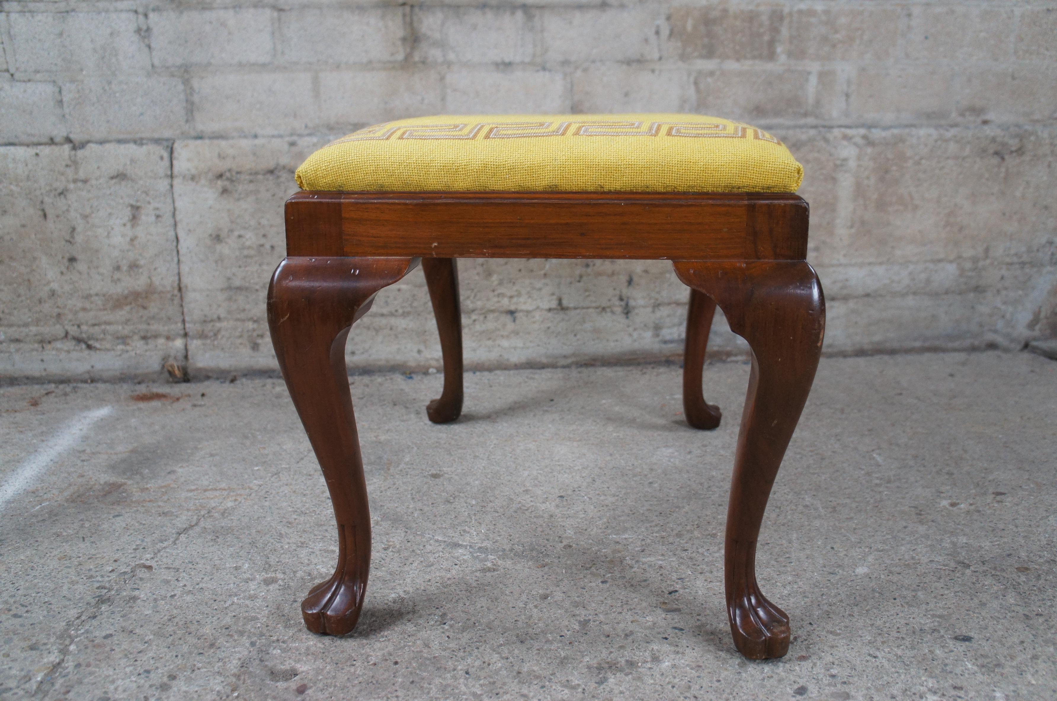 Antique Queen Anne Mahogany Needlepoint Stool Trifid Feet Piano Bench Ottoman 5