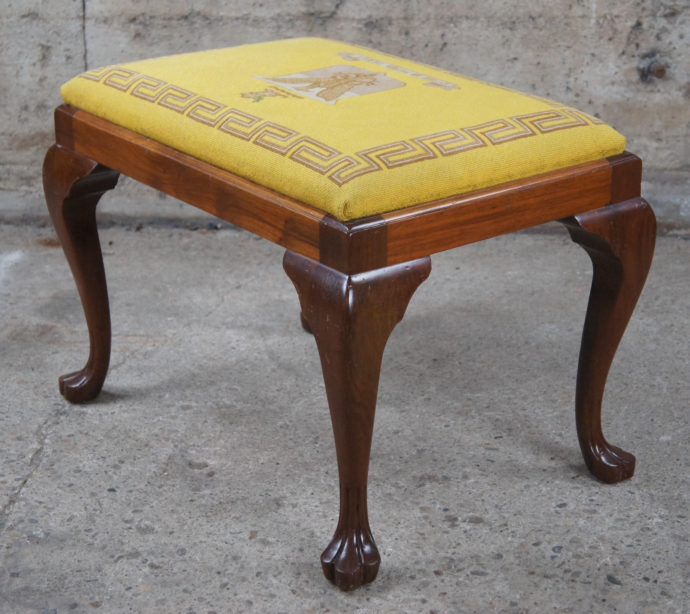 Antique Queen Anne Mahogany Needlepoint Stool Trifid Feet Piano Bench Ottoman 7