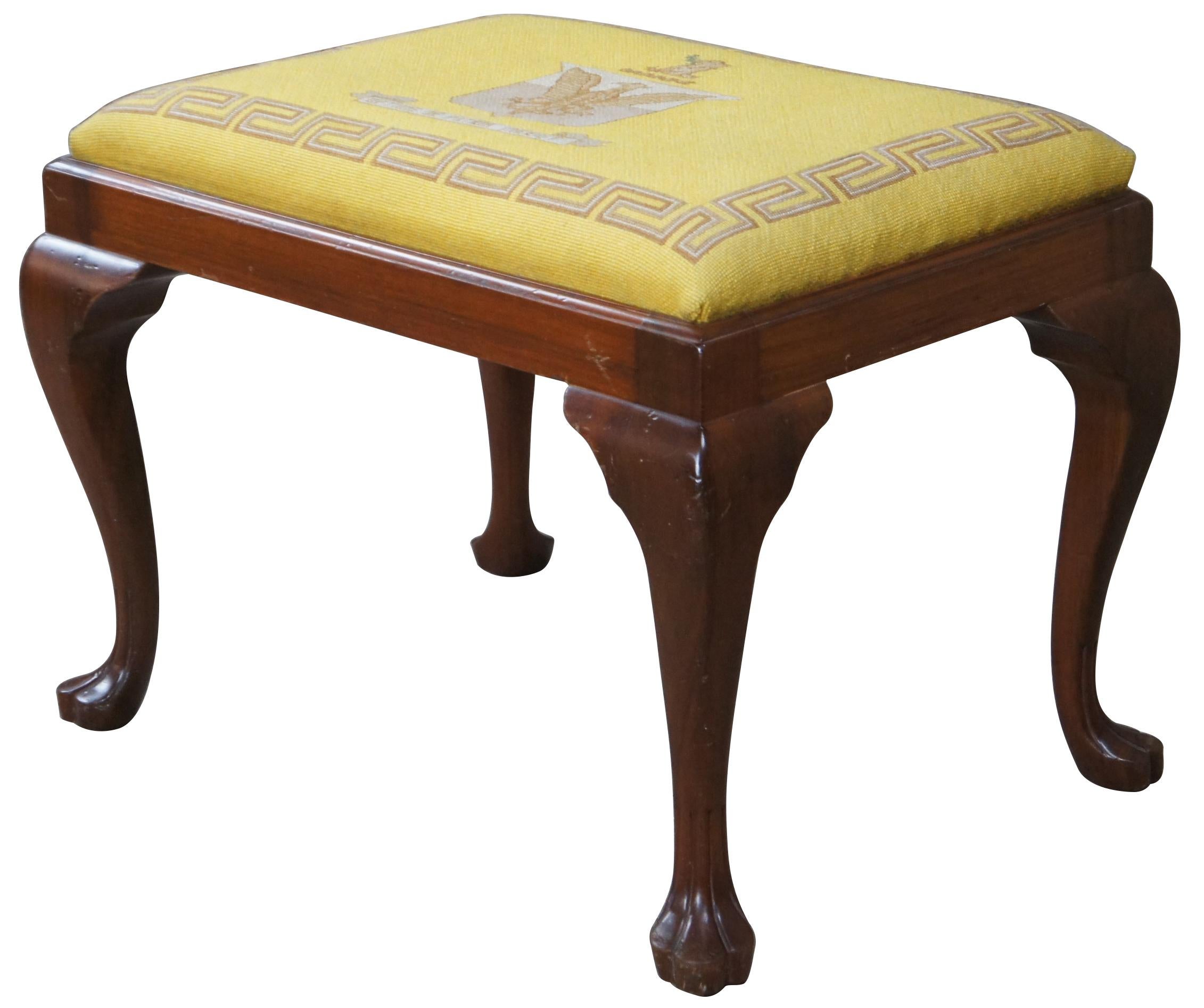 Antique Queen Anne Mahogany Needlepoint Stool Trifid Feet Piano Bench Ottoman In Good Condition In Dayton, OH