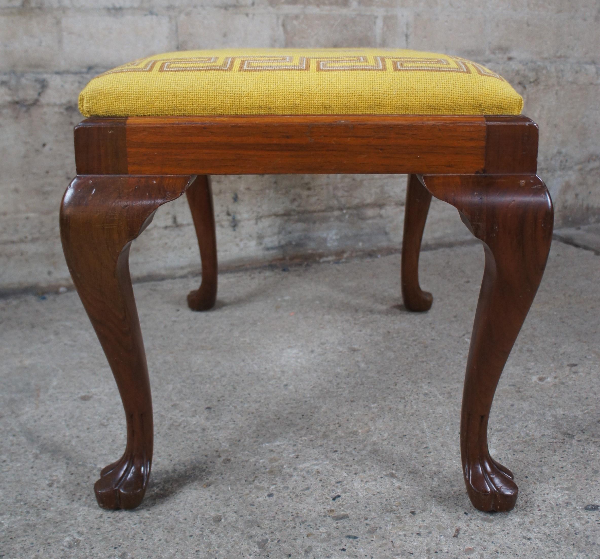 Antique Queen Anne Mahogany Needlepoint Stool Trifid Feet Piano Bench Ottoman 3