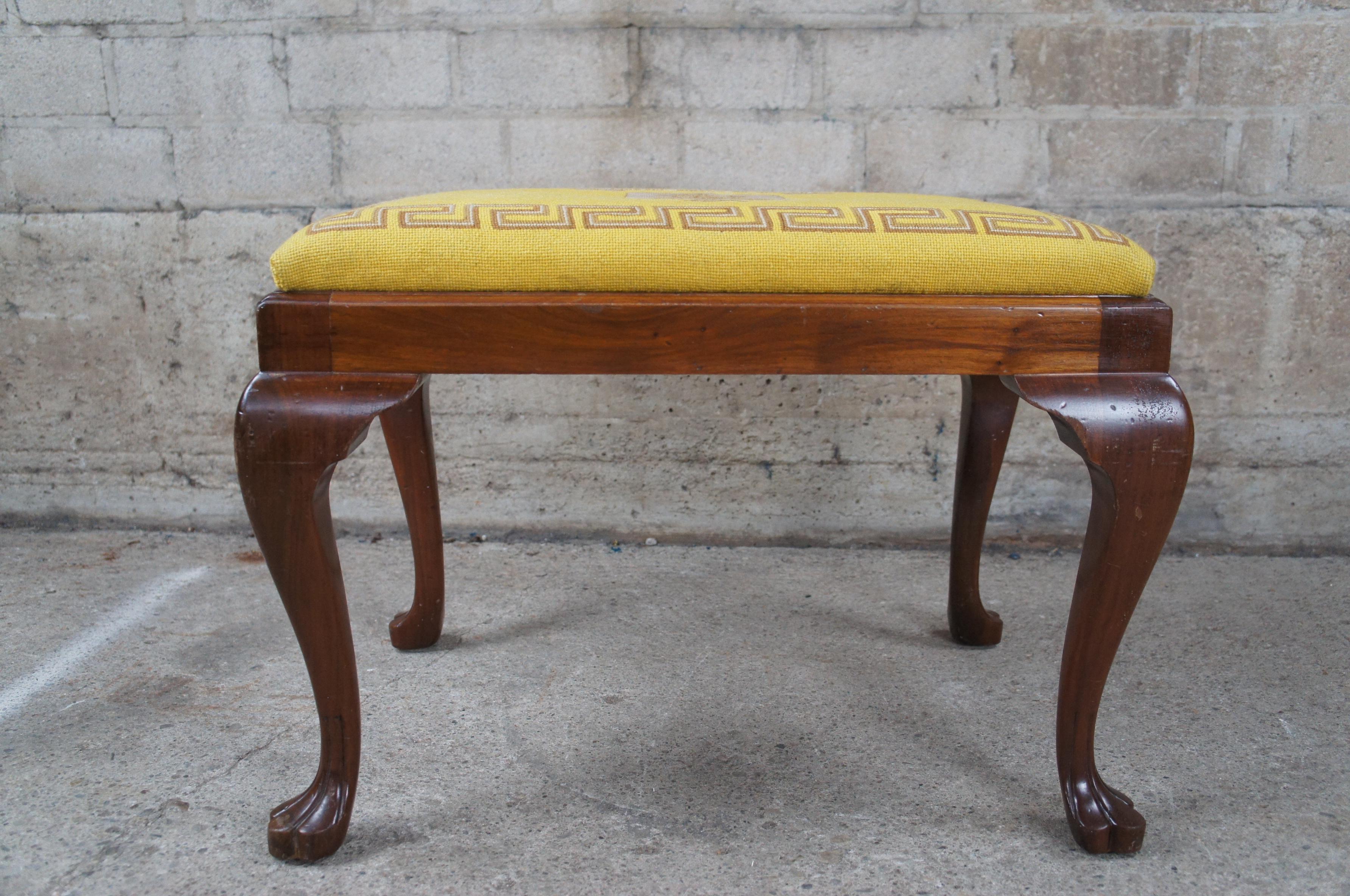 Antique Queen Anne Mahogany Needlepoint Stool Trifid Feet Piano Bench Ottoman 4