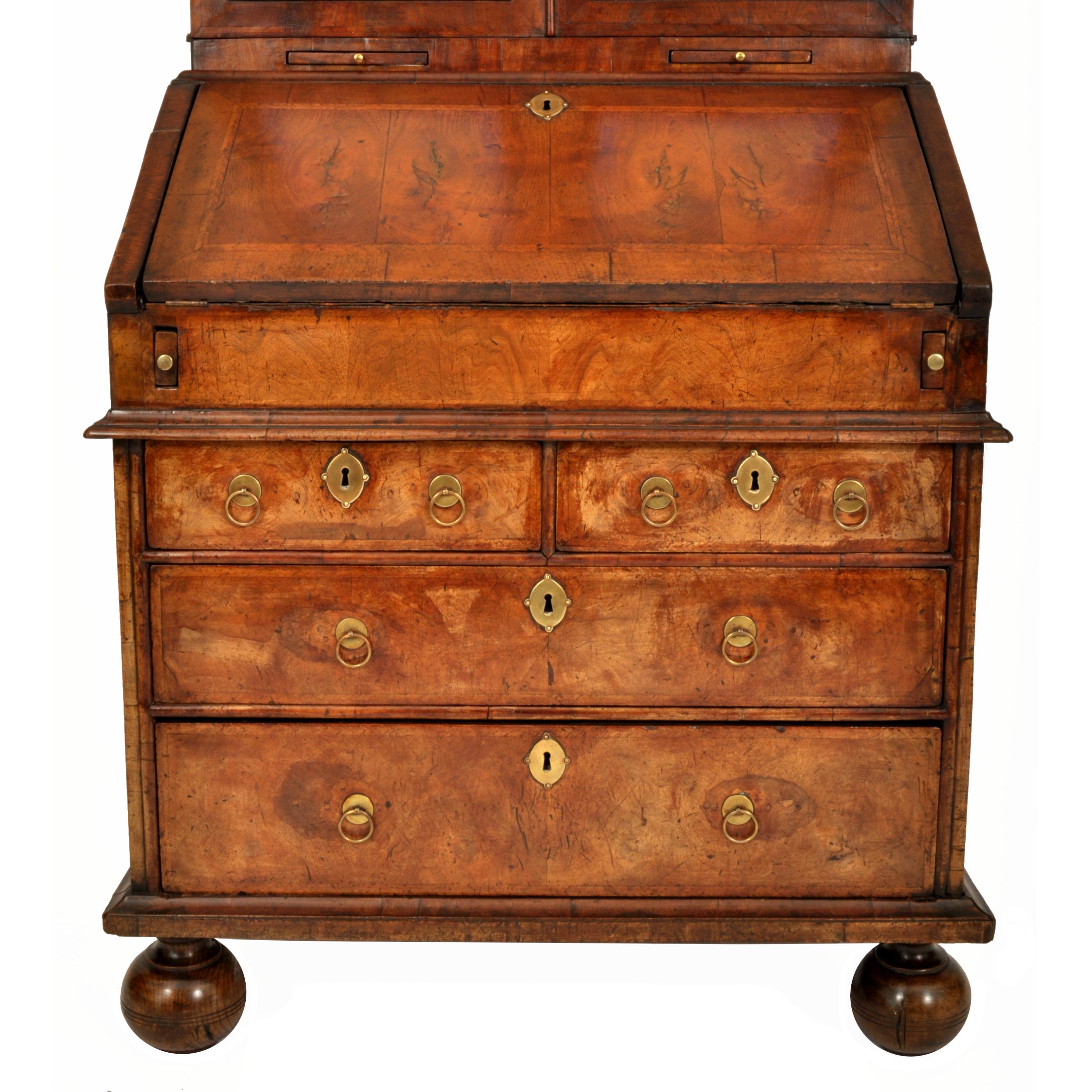 18th Century Antique Queen Anne Period Double Dome Burl Walnut Bureau Bookcase Secretary 1710