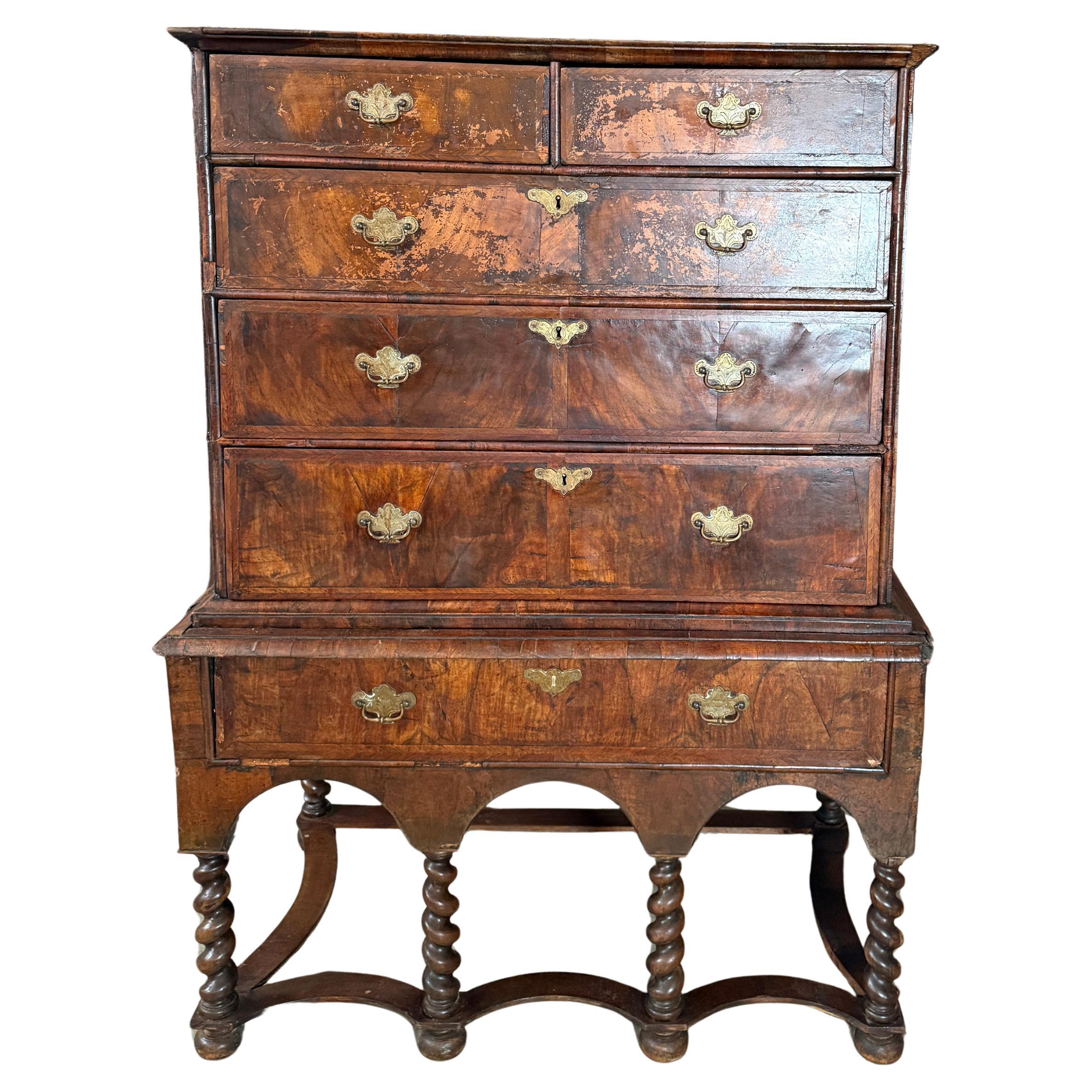 Antique Queen Anne Period Walnut Chest of Drawers on Stand, c1710