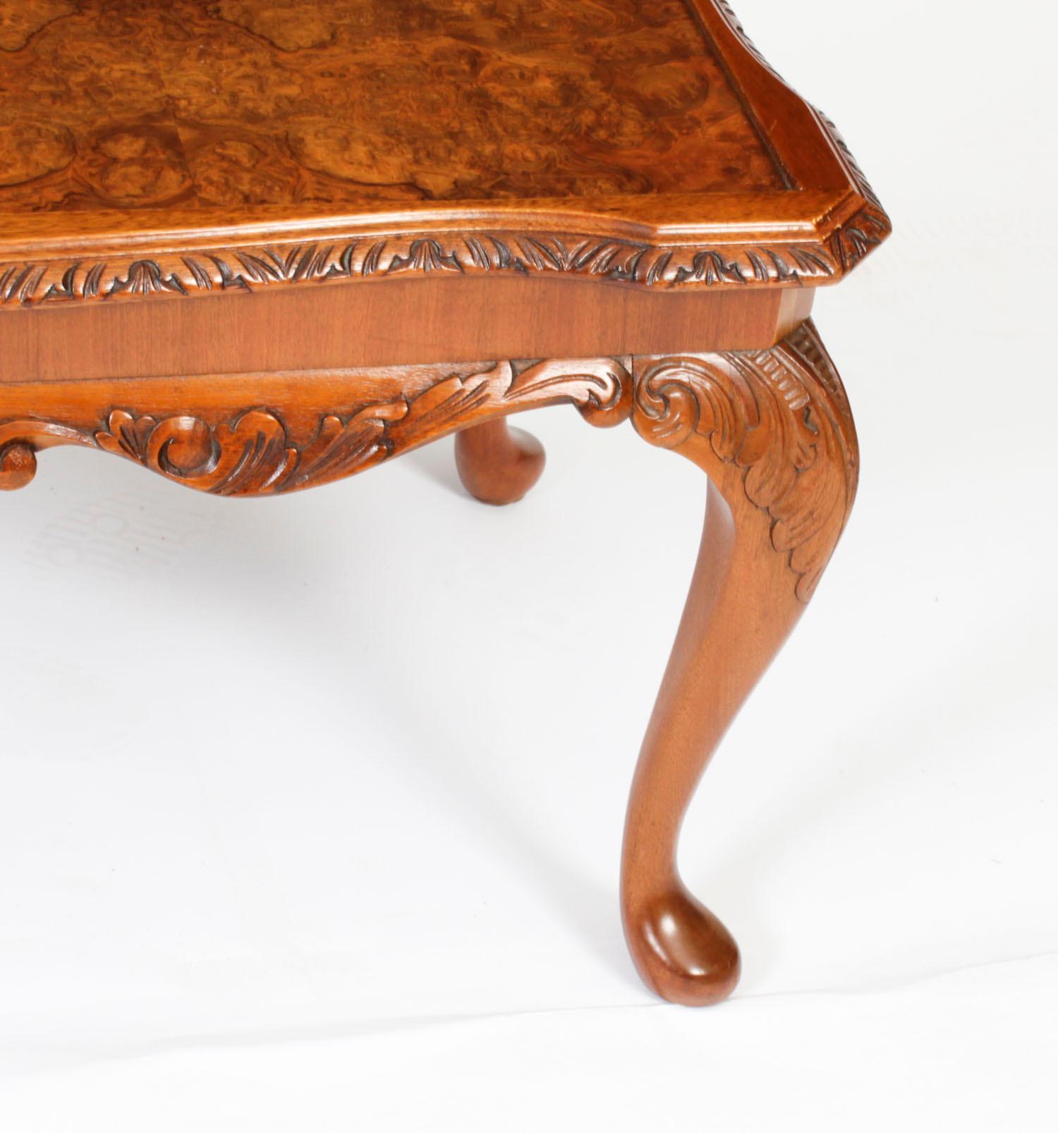 Antique Queen Anne Revival Burr Walnut Coffee Table 1920s 5