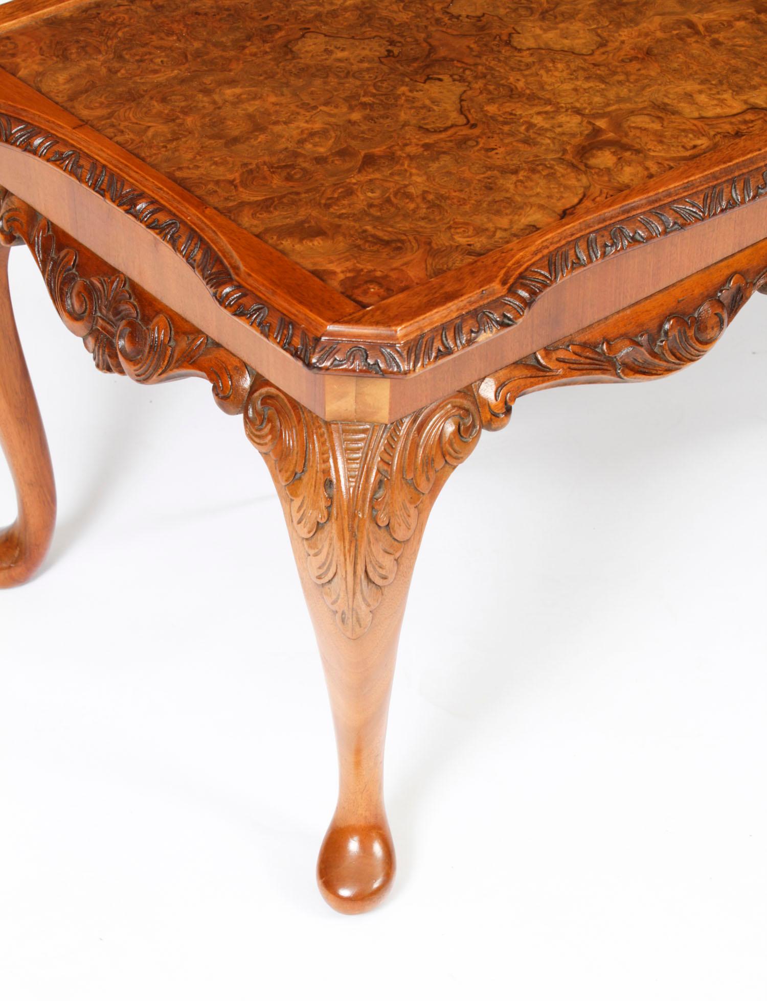 Antique Queen Anne Revival Burr Walnut Coffee Table 1920s 6