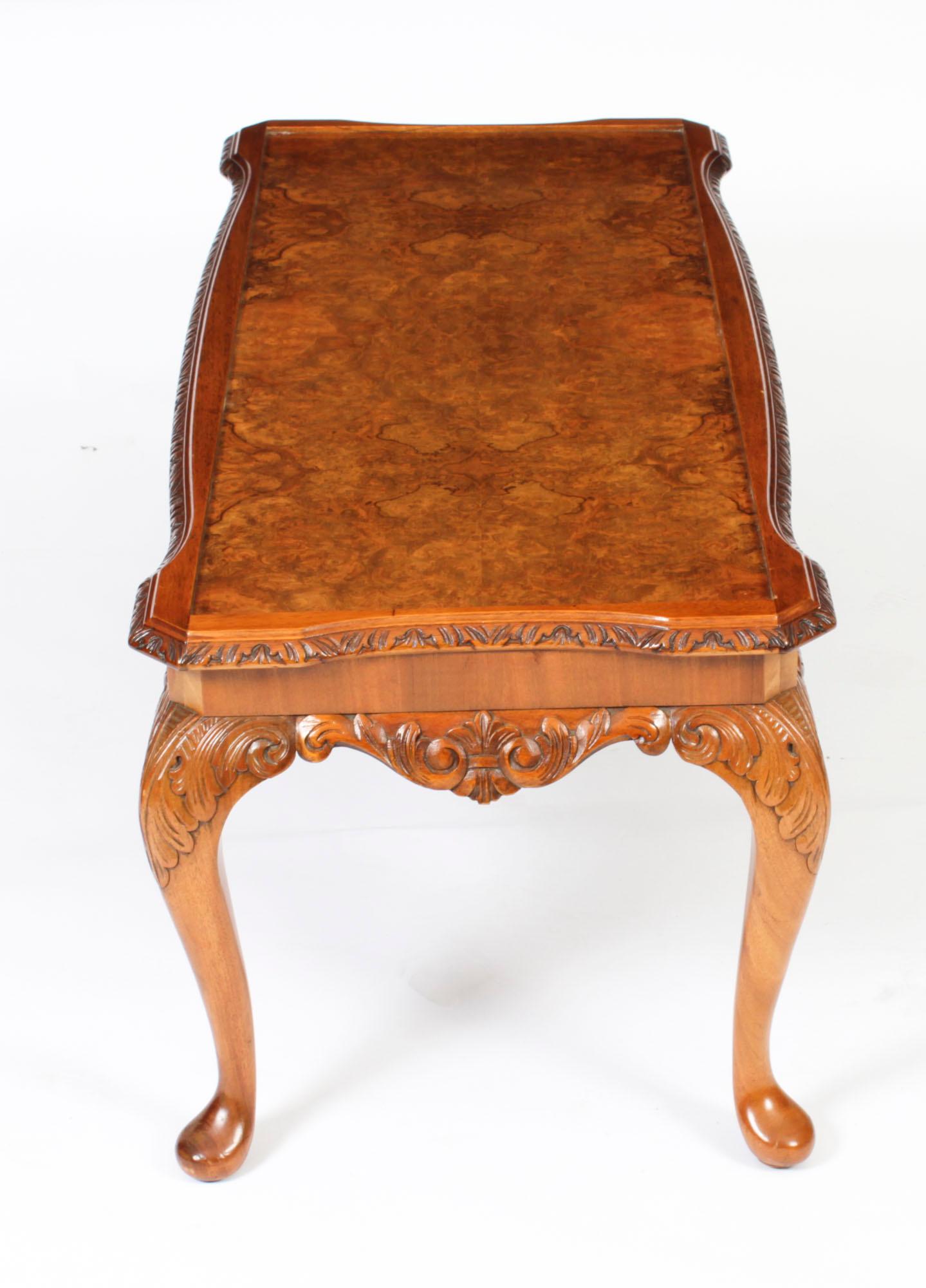 Antique Queen Anne Revival Burr Walnut Coffee Table 1920s 7
