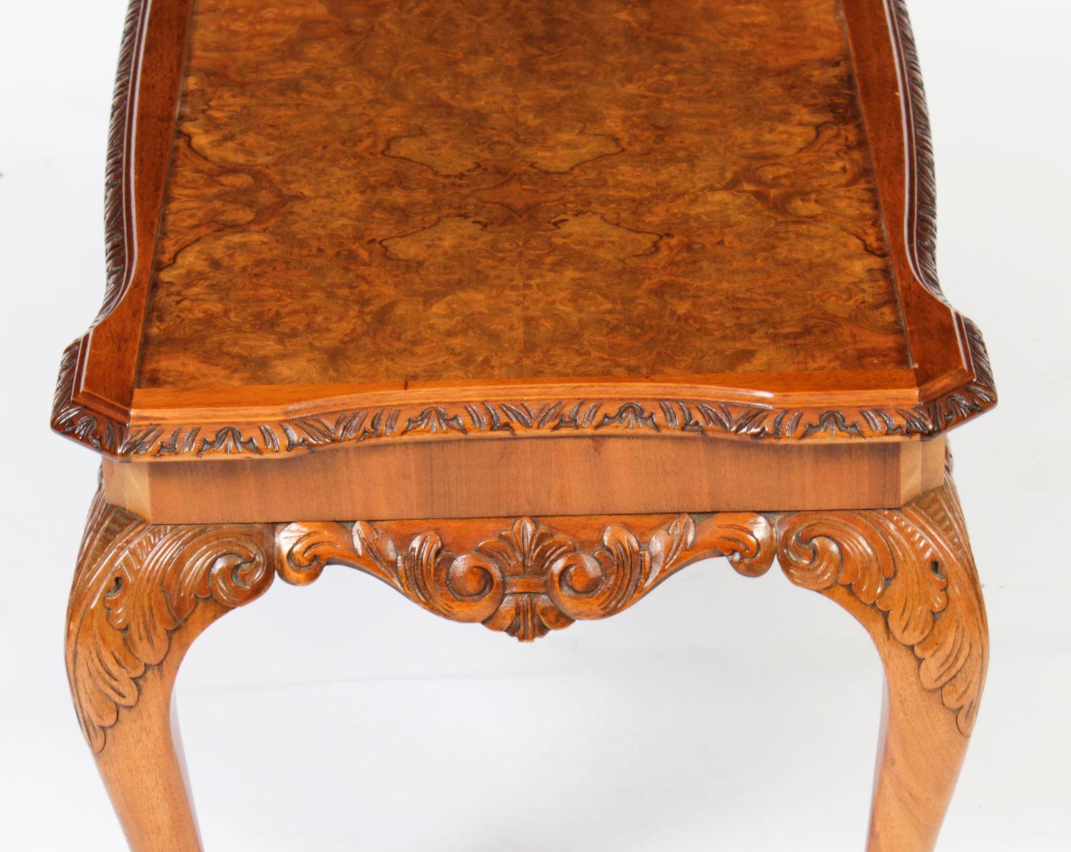 Antique Queen Anne Revival Burr Walnut Coffee Table 1920s 8