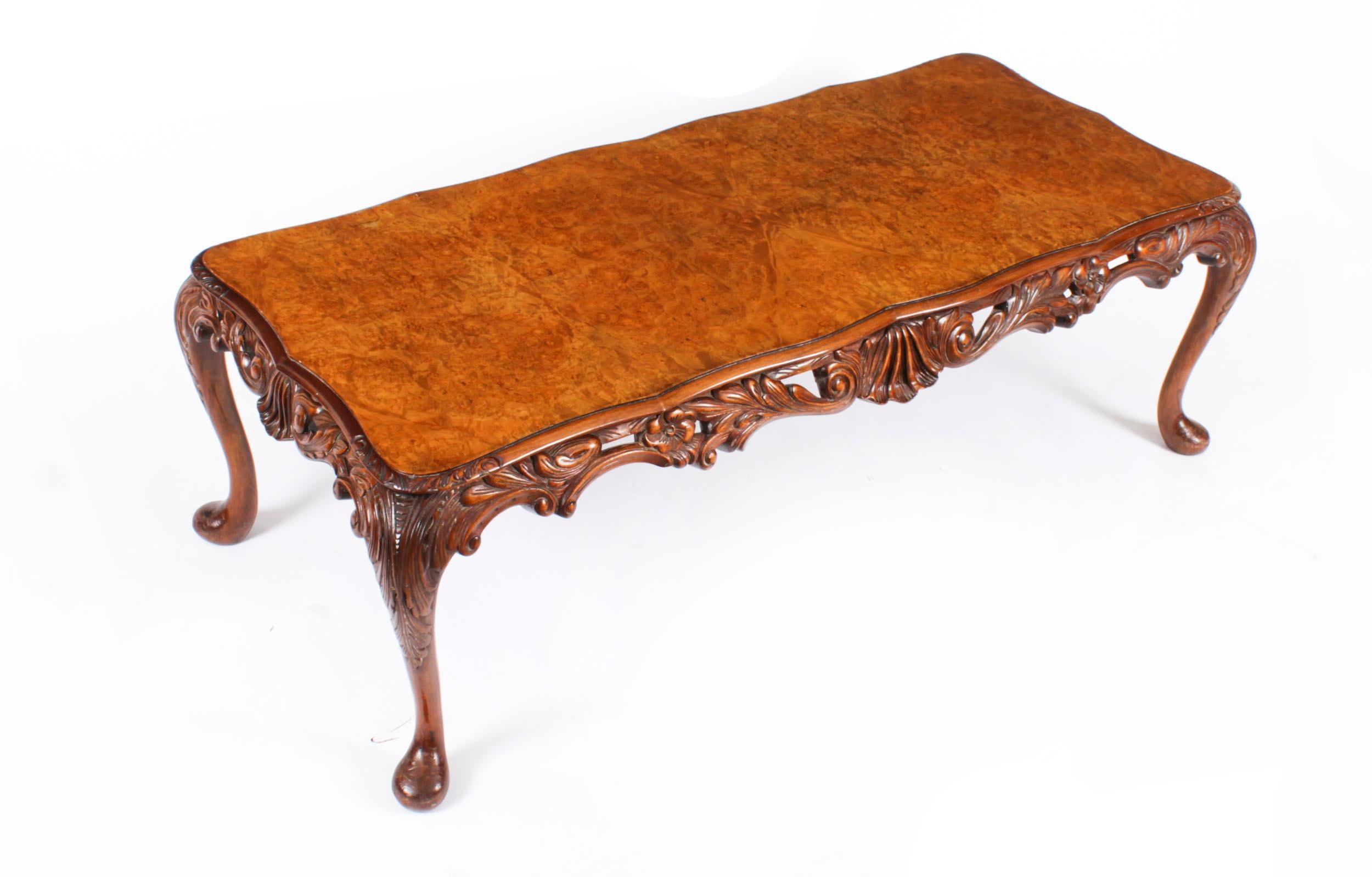 Antique Queen Anne Revival Burr Walnut Coffee Table c.1920 For Sale 7