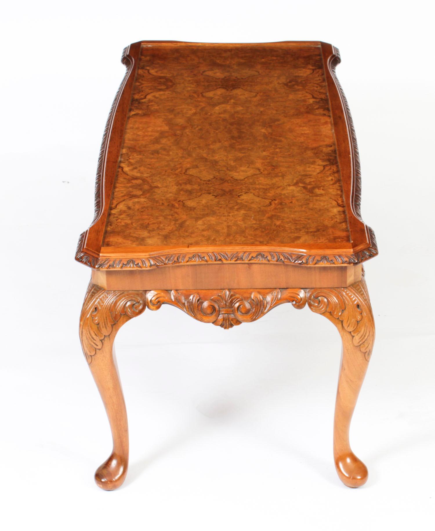 Antique Queen Anne Revival Burr Walnut Coffee Table 1920s 9