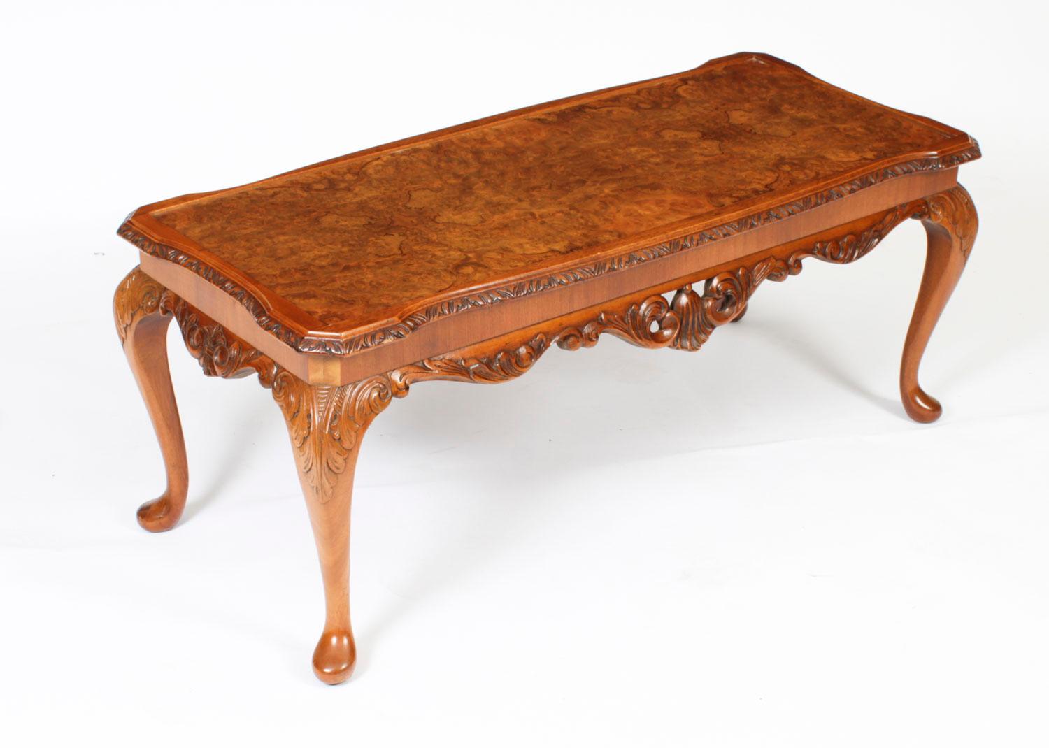 Antique Queen Anne Revival Burr Walnut Coffee Table 1920s 11