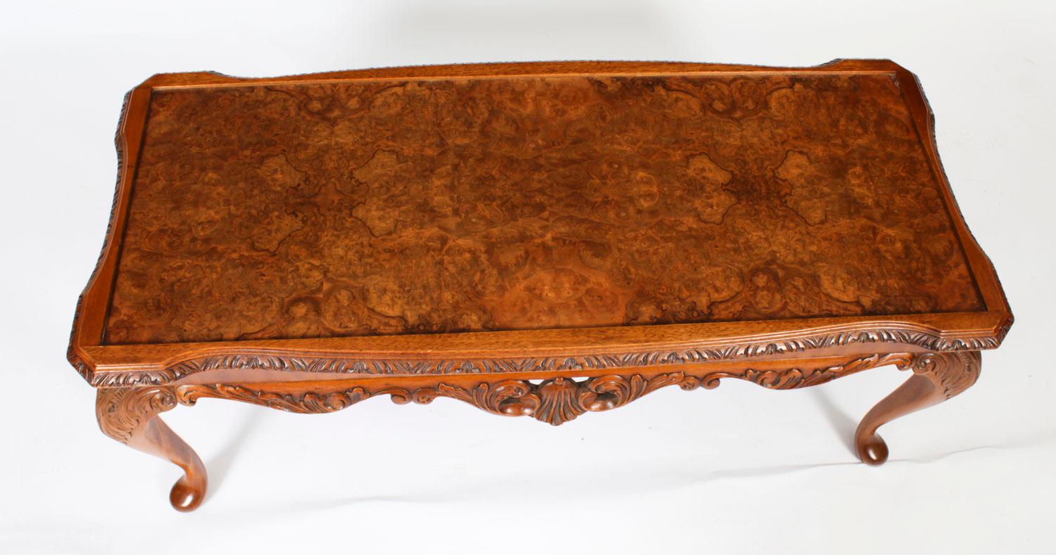 English Antique Queen Anne Revival Burr Walnut Coffee Table 1920s