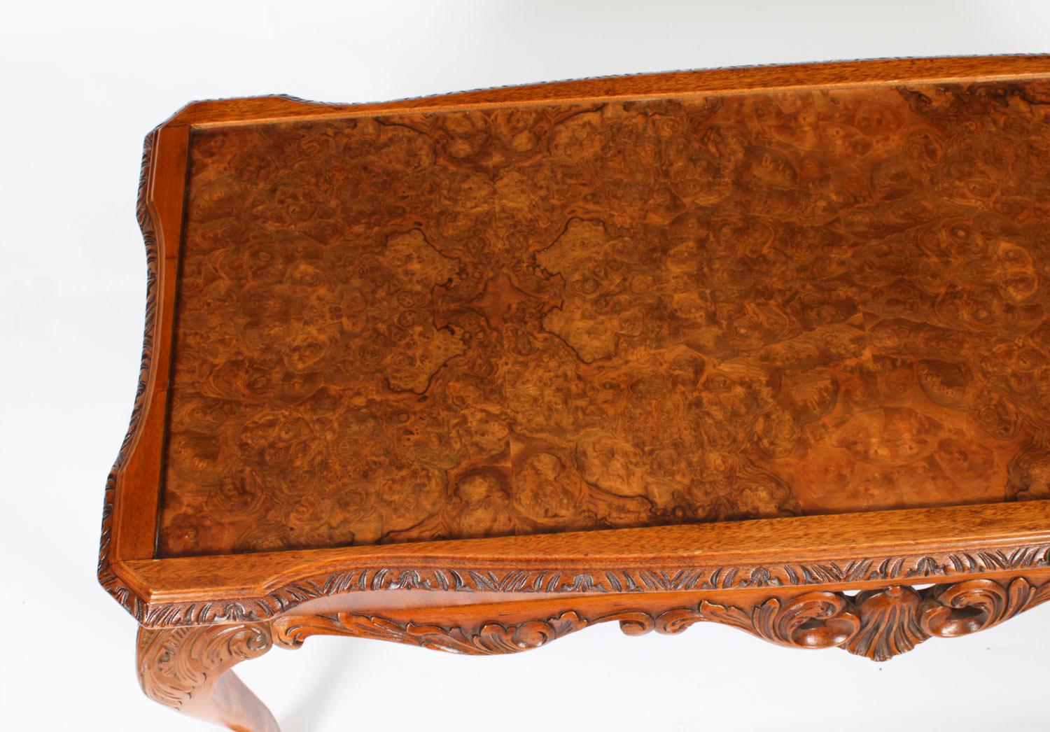Early 20th Century Antique Queen Anne Revival Burr Walnut Coffee Table 1920s
