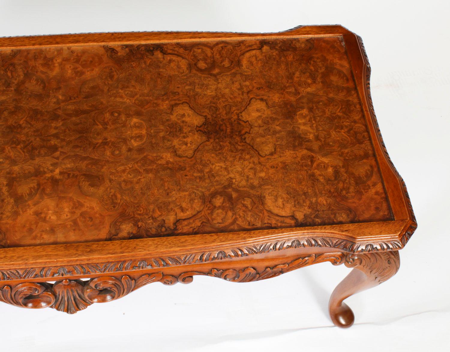 Antique Queen Anne Revival Burr Walnut Coffee Table 1920s 1