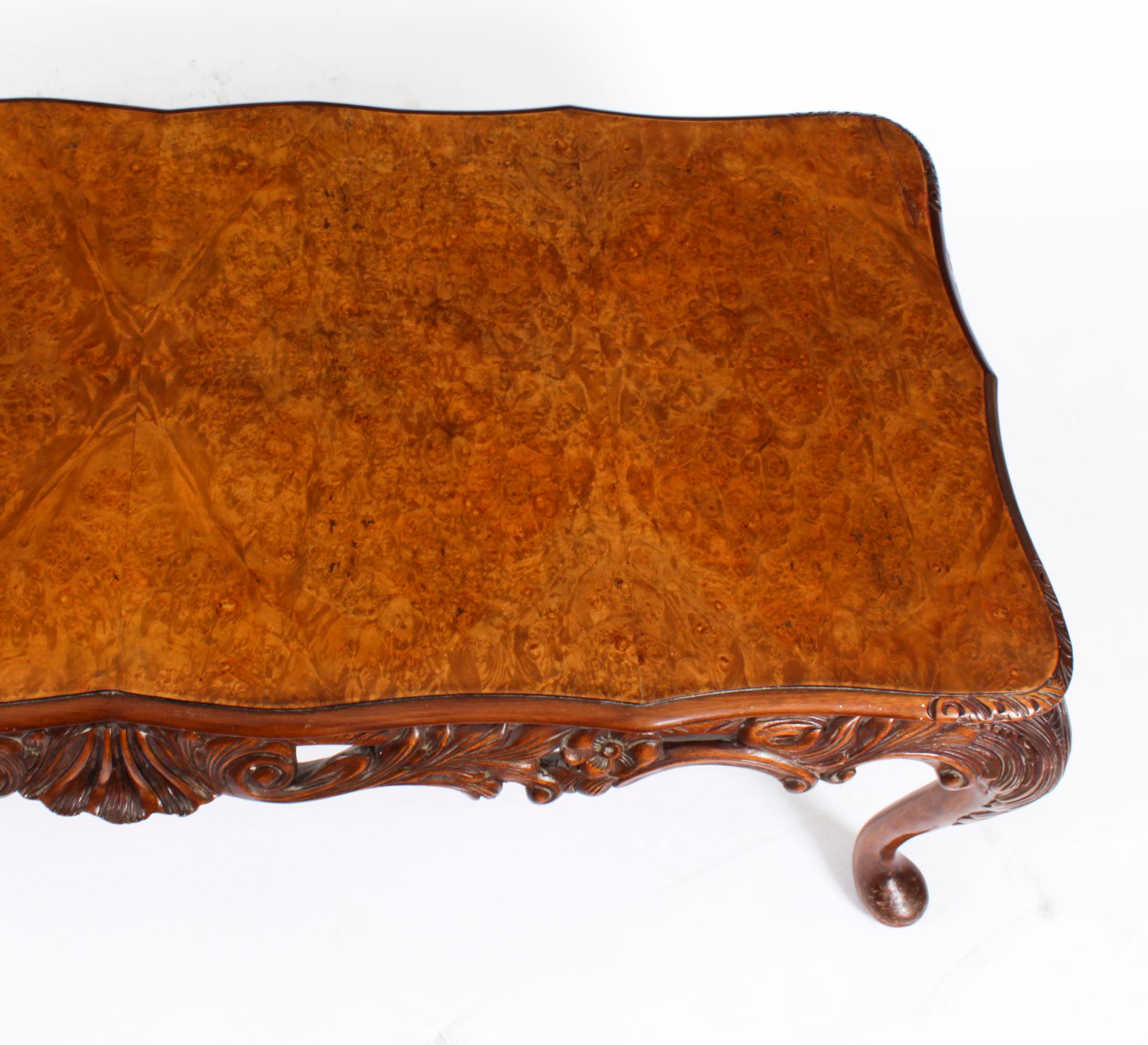 20th Century Antique Queen Anne Revival Burr Walnut Coffee Table c.1920 For Sale
