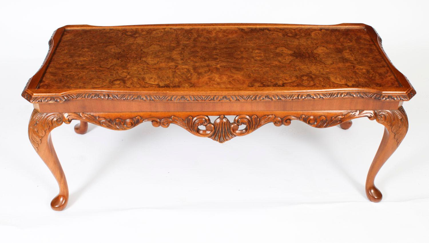 Antique Queen Anne Revival Burr Walnut Coffee Table 1920s 2