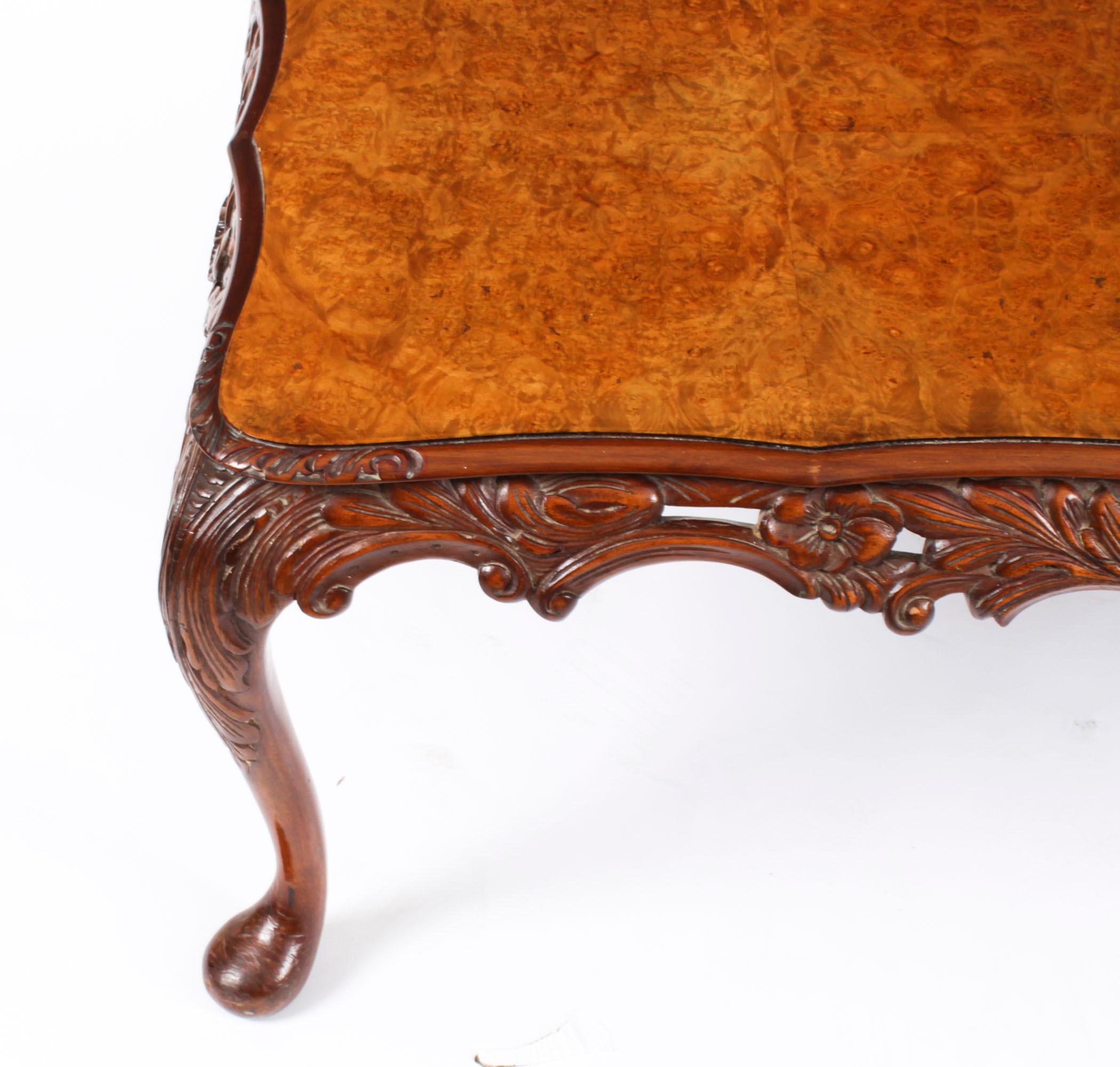 Antique Queen Anne Revival Burr Walnut Coffee Table c.1920 For Sale 2