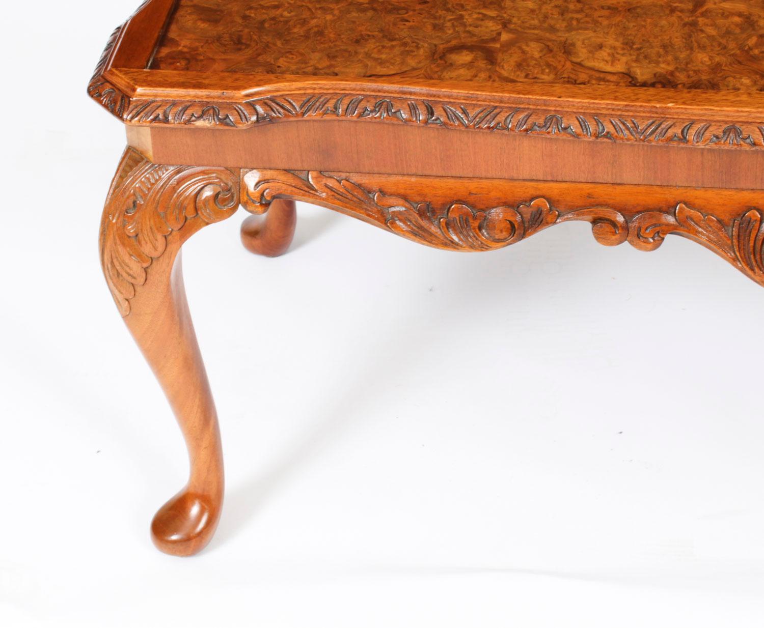 Antique Queen Anne Revival Burr Walnut Coffee Table 1920s 4