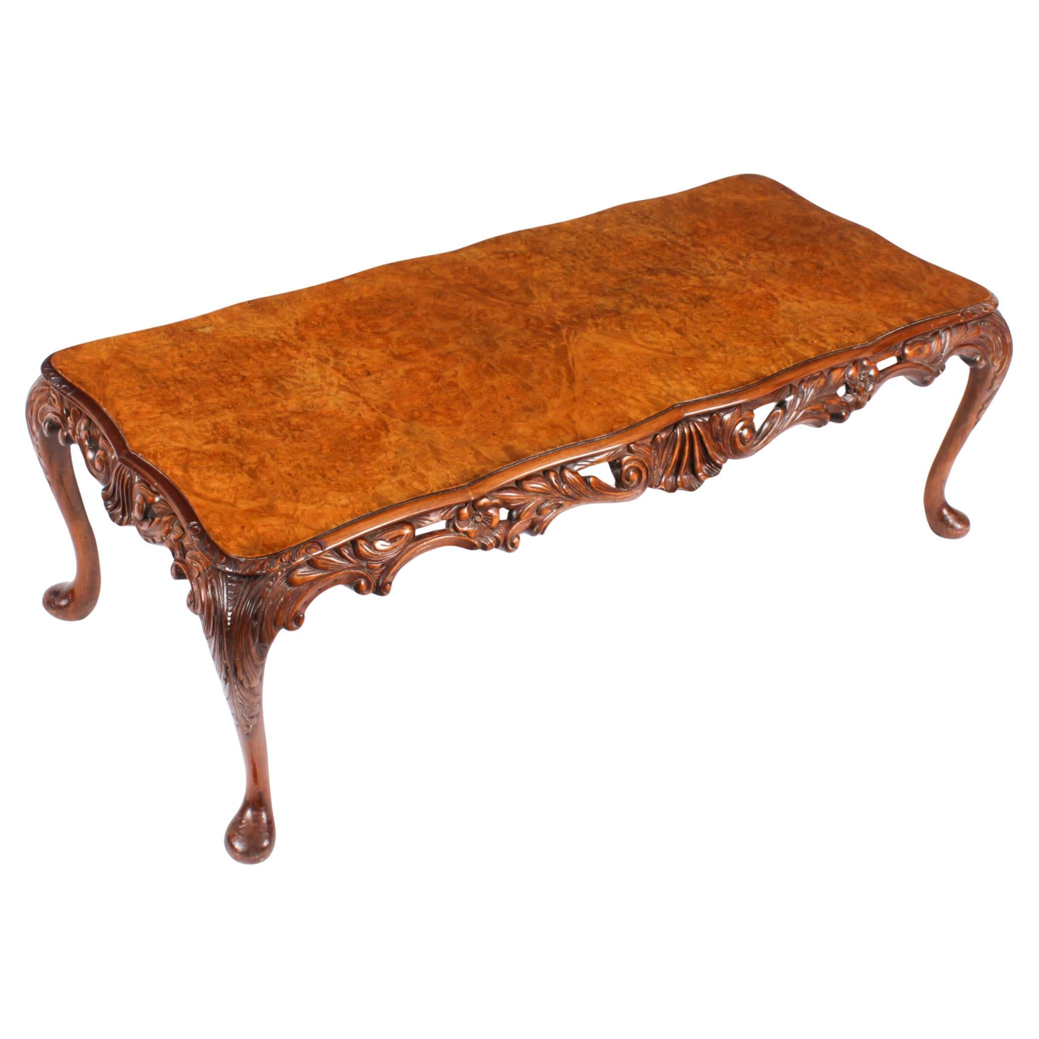 Antique Queen Anne Revival Burr Walnut Coffee Table Early 20th Century