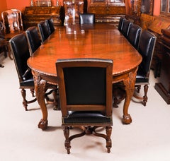 Antique Queen Anne Revival Burr Walnut Dining Table & 10 Chairs 19th Century