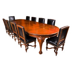Antique Queen Anne Revival Burr Walnut Dining Table & 10 Chairs 19th Century