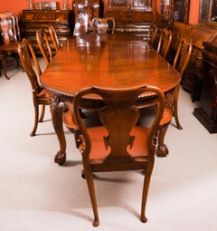 Antique Queen Anne Revival Burr Walnut Dining Table & 8 Chairs 19th Century