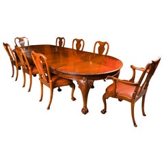 Antique Queen Anne Revival Burr Walnut Dining Table & 8 Chairs 19th Century
