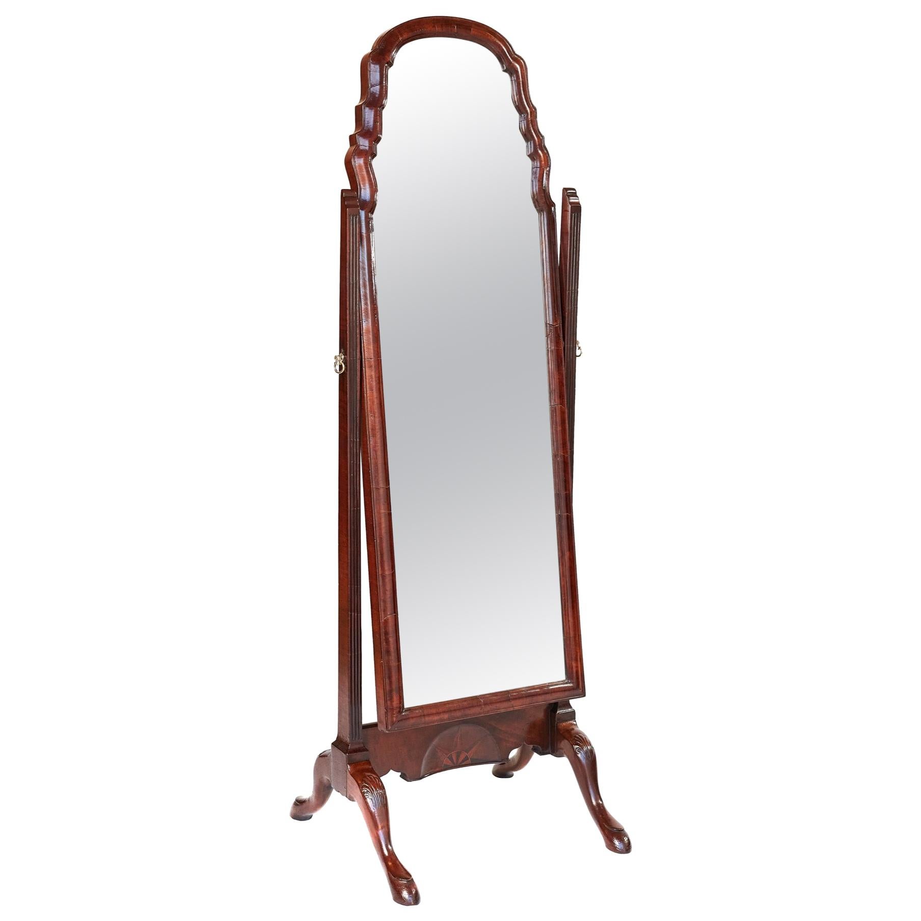 Antique Queen Anne Revival Walnut Inlaid and Carved Cheval Mirror