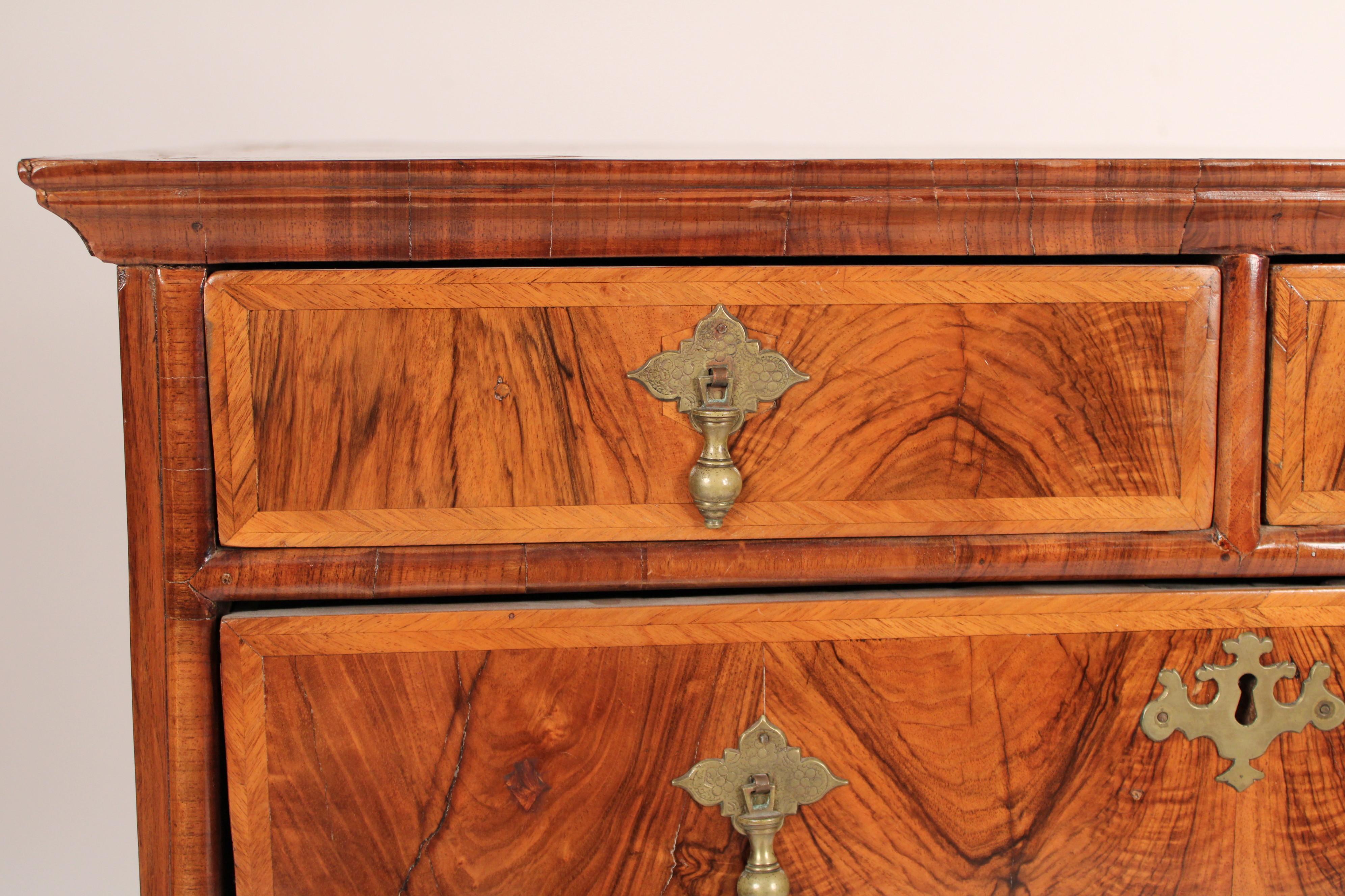 Brass Antique Queen Anne Style Burl Walnut Chest of Drawers