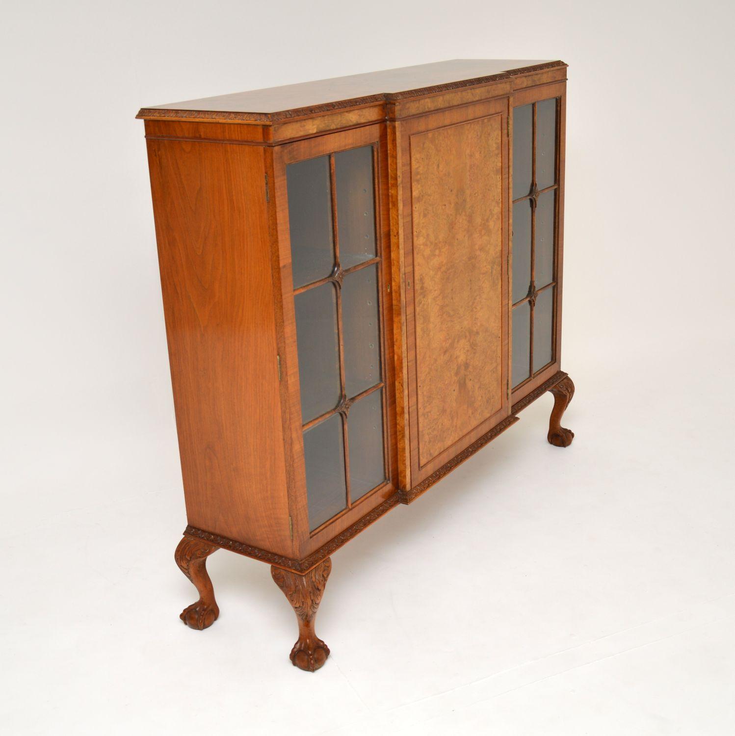 British Antique Queen Anne Style Burr Walnut Bookcase